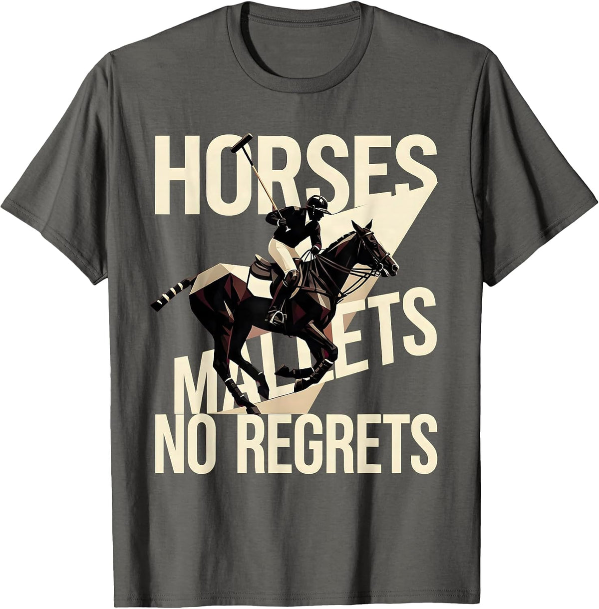 Horses Mallets No Regrets Sporty Polo Player Equestrian T-Shirt - Asphalt Grey