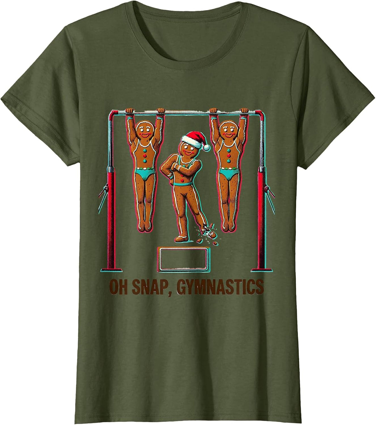 Women's Oh Snap Gymnastics Funny Gingerbread Man Christmas Youth T-Shirt - Olive Green