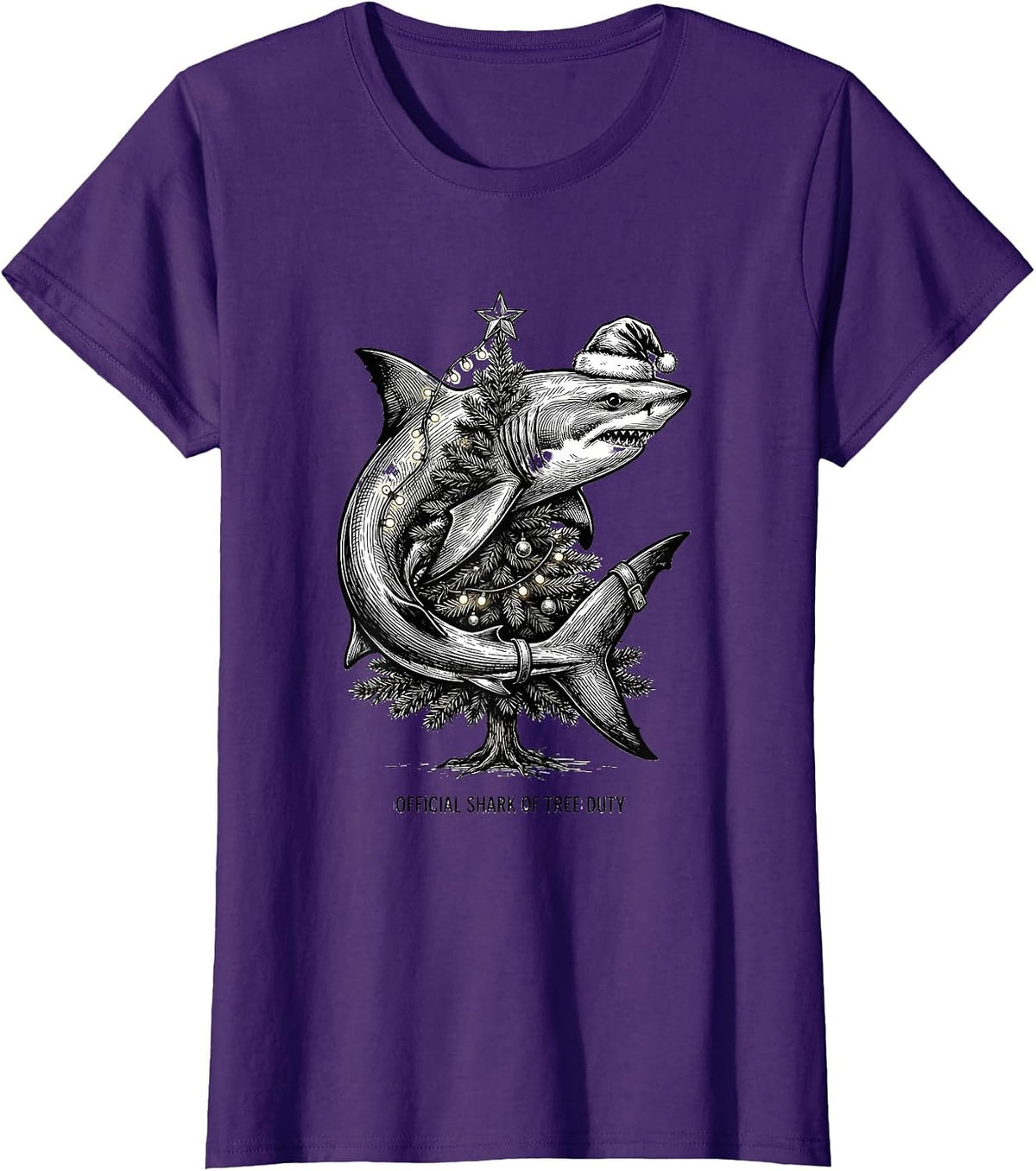 Women's Official Shark of Tree Duty Funny Shark Santa Hat Christmas T-Shirt - Purple