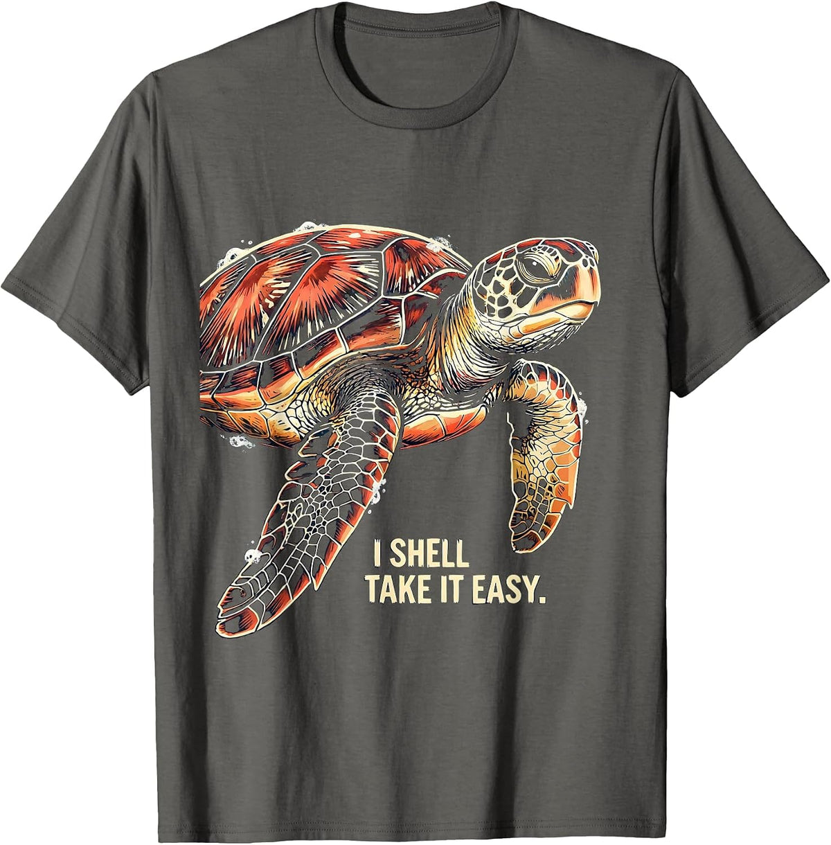 I Shell Take It Easy Linocut Sea Turtle Souvenir Tropical T-Shirt - Asphalt Grey