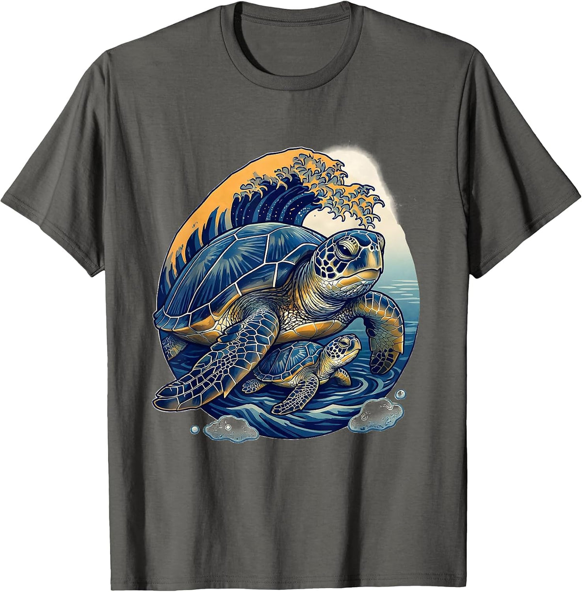 Sea Turtle Hatchling Ukiyo-e Ocean Animal Art T-Shirt - Asphalt Grey