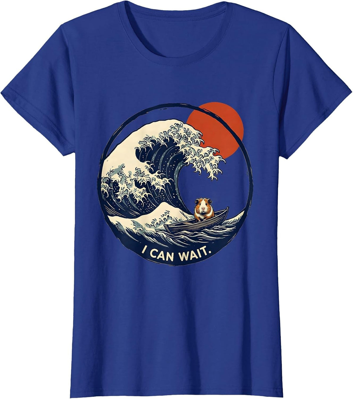 Women's I Can Wait Linocut Japanese Art Animal Meme Humor T-Shirt - Royal Blue