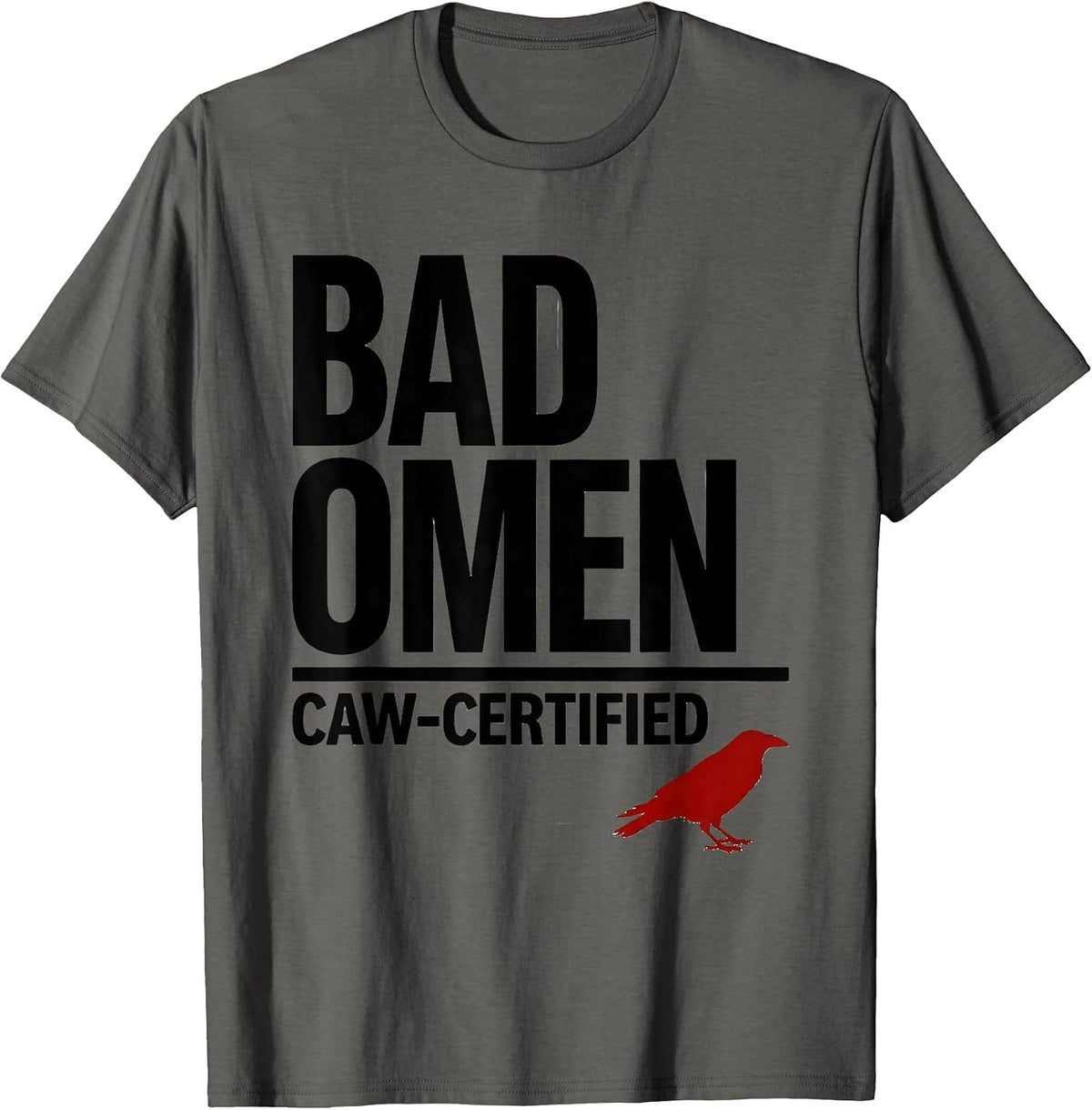 Men's Bad Omen Caw-Certified Minimalist Gothic Raven Bird Humor T-Shirt - Asphalt Grey