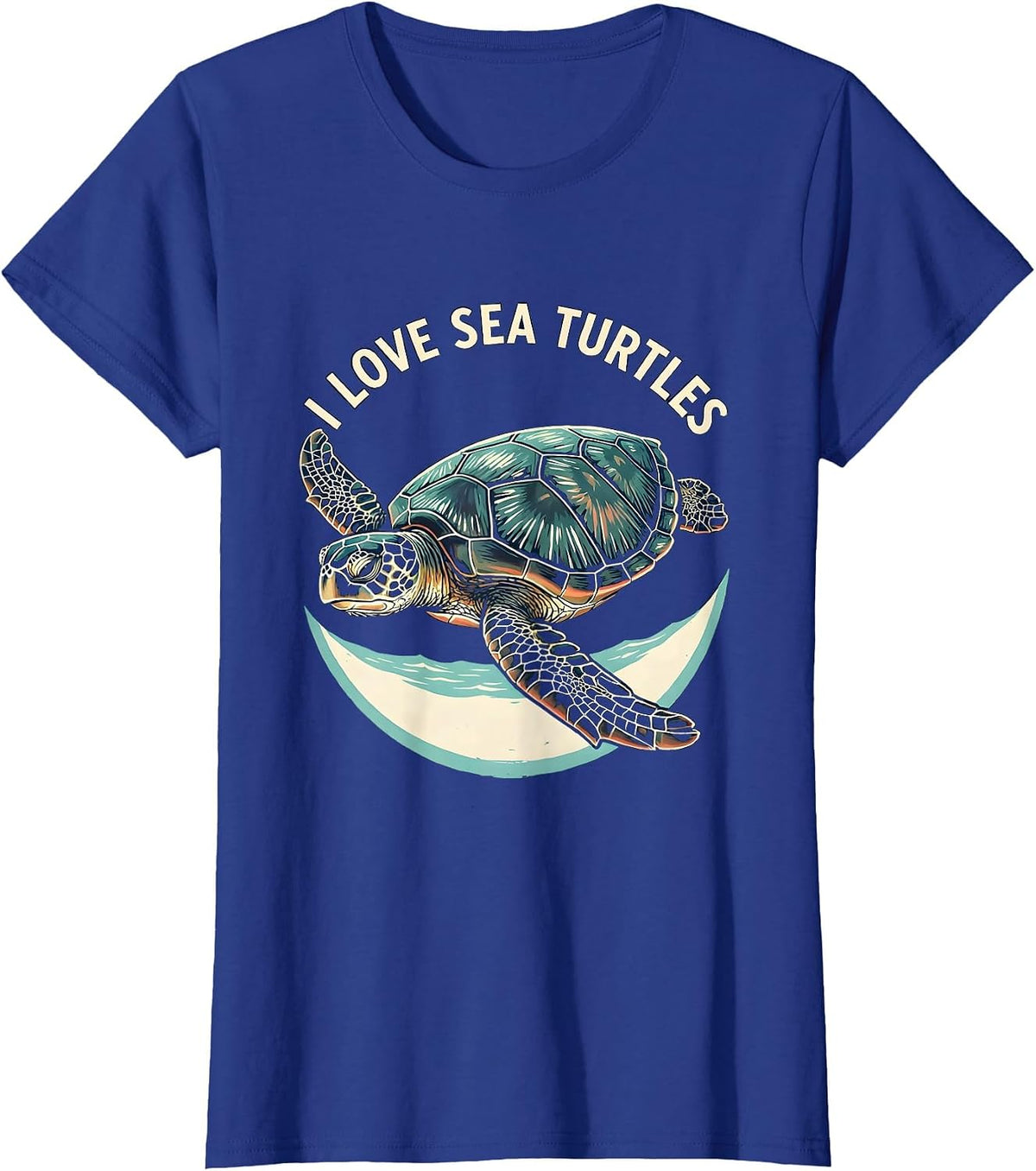 Women's I Love Sea Turtles Linocut Ocean Animal Lover Beach Casual T-Shirt - Royal Blue