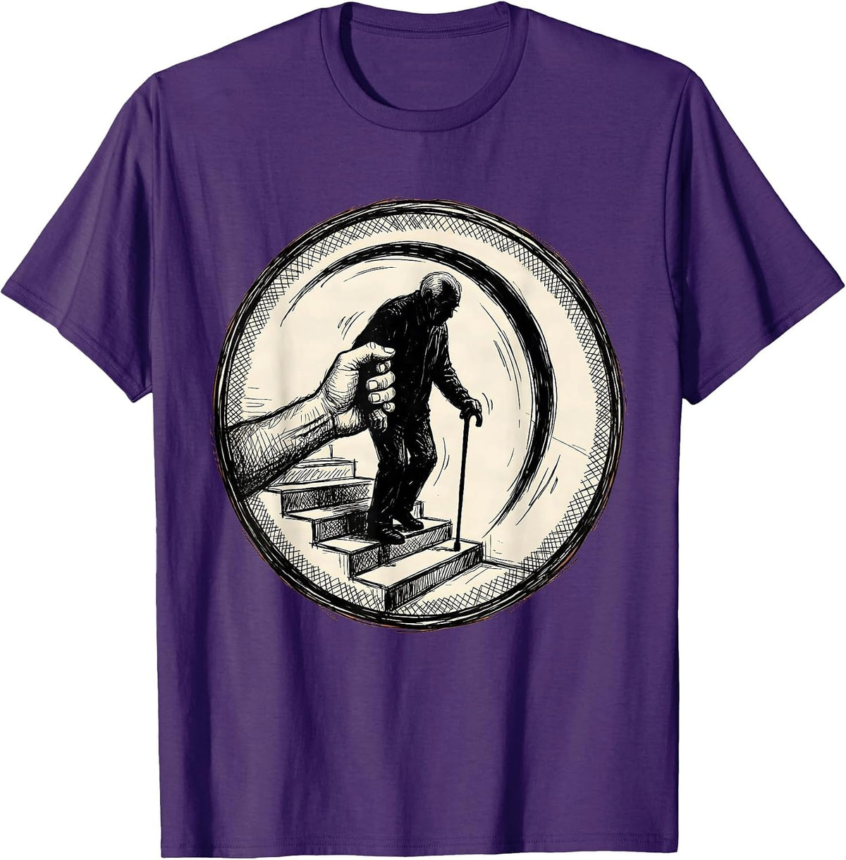 Men's Caregiver Helping Elderly on Steps Fall Prevention T-Shirt - Purple