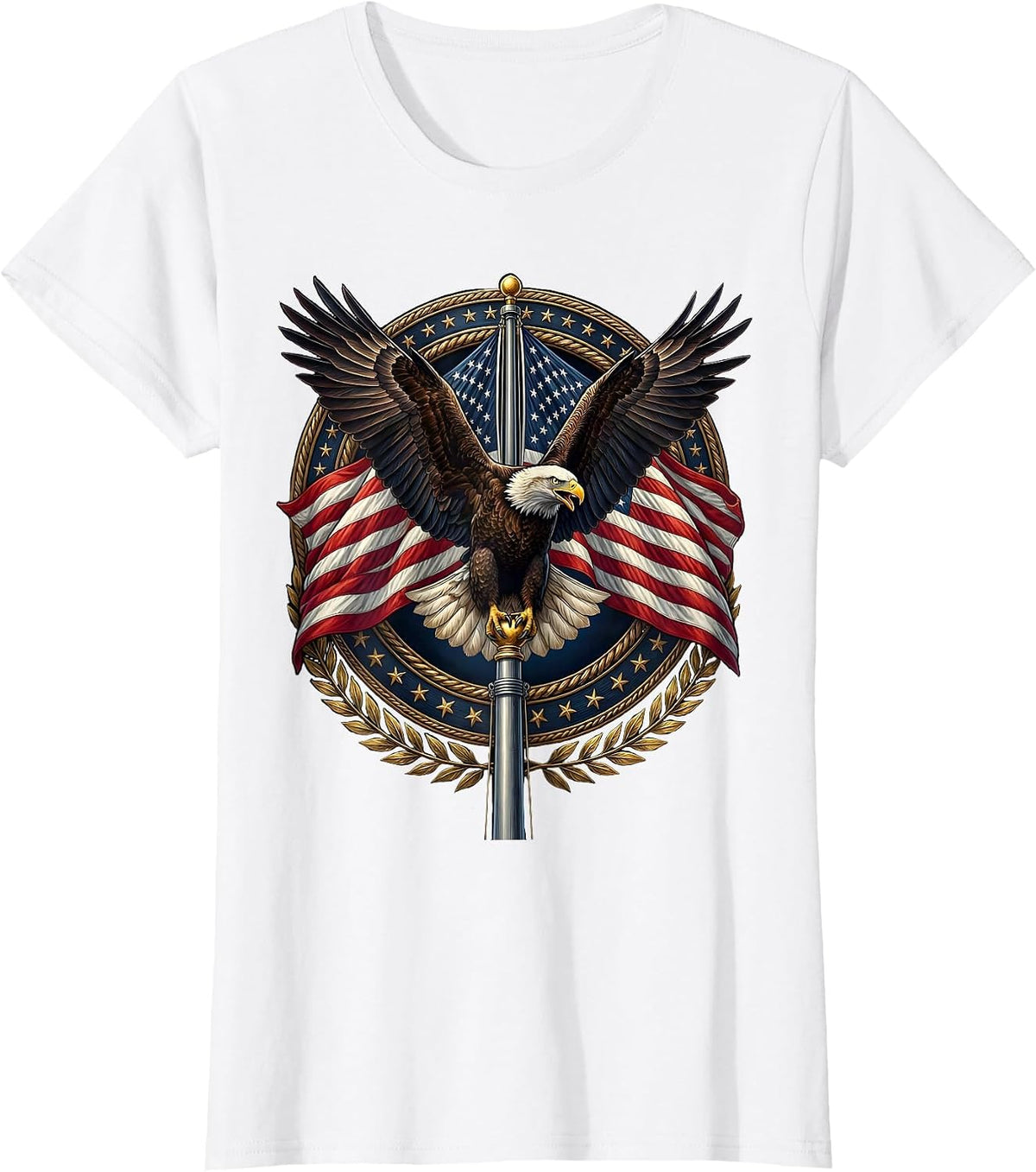 Women's Bald Eagle American Flag Pole Patriotic Design T-Shirt - White
