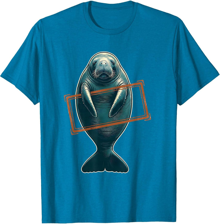 Chubby Manatee Screenprint Novelty Sea Animal Humor T-Shirt - Sapphire Blue