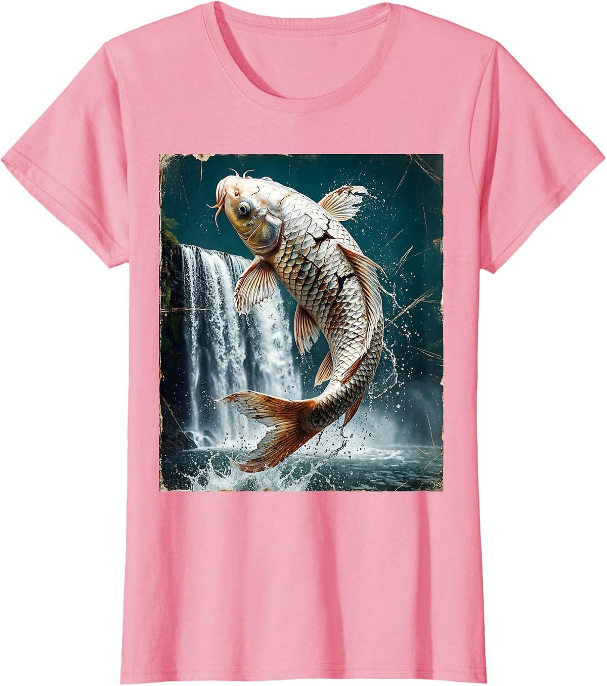 Women's White Koi Fish Leaping Upstream Waterfall Design T-Shirt - Pink