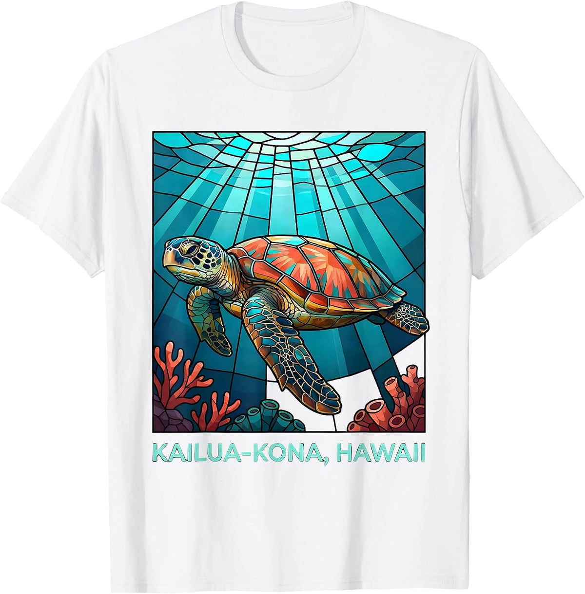 Men's Kailua-Kona, Hawaii Stained Glass Mosaic Sea Turtle Souvenir T-Shirt - White