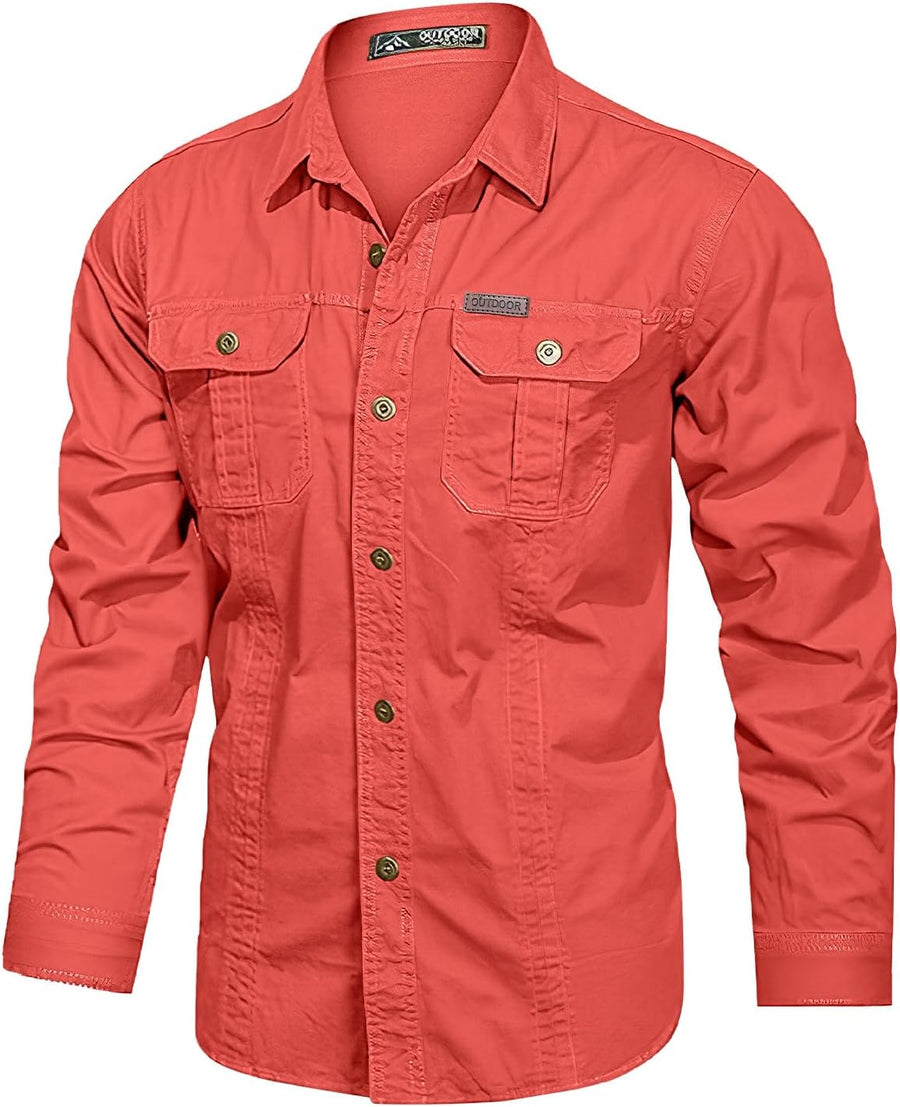 Eisctnd Mens Long Sleeve Cotton Work Shirt Cargo Safari Button Down - Red