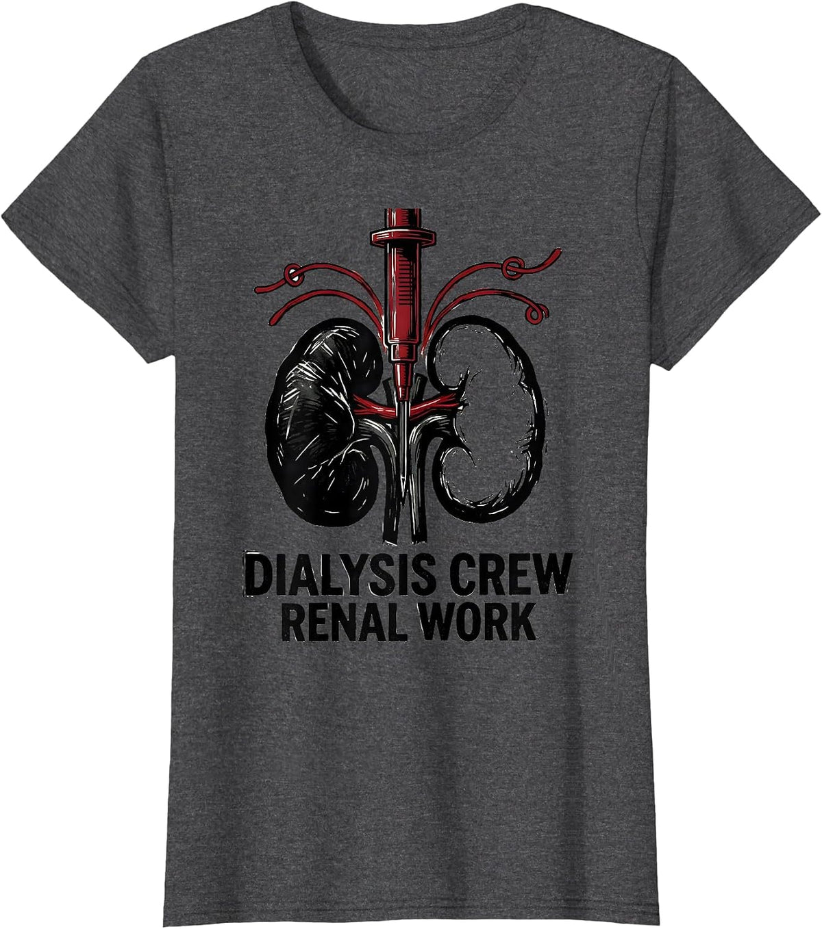 Women's Dialysis Crew Renal Work Linocut Nephrology Nurse Gift T-Shirt - Dark Heather Grey