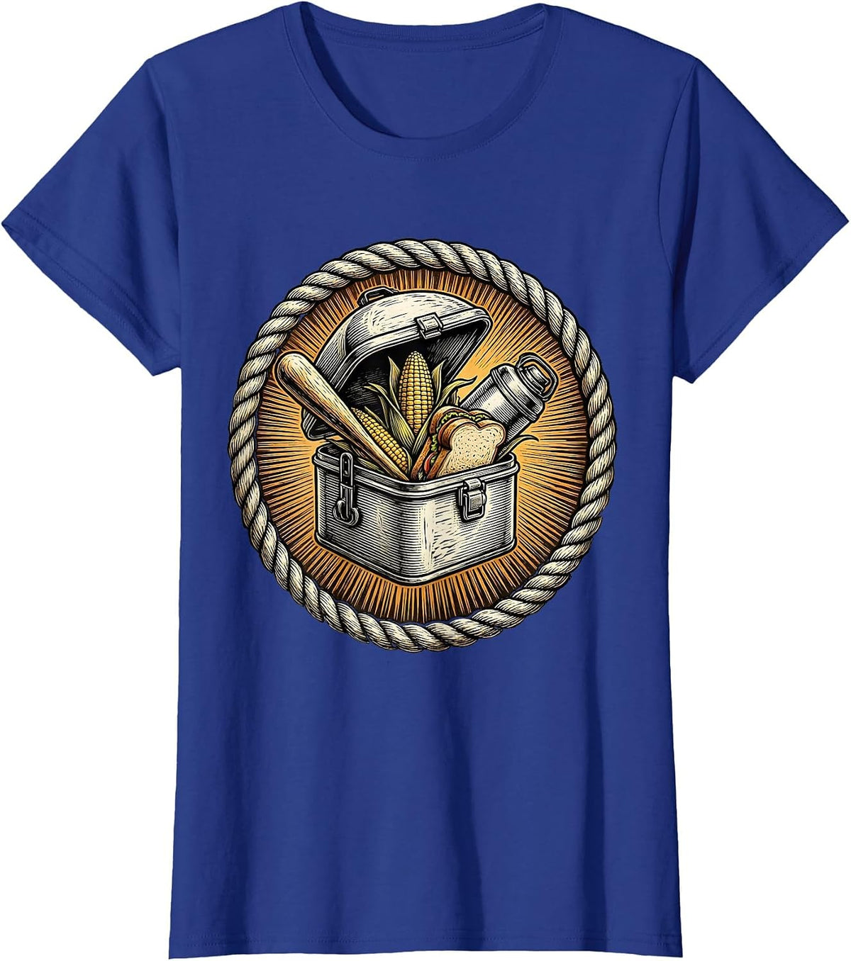 Women's Labor Day Vintage Lunchbox Overflowing Food Graphic T-Shirt - Royal Blue