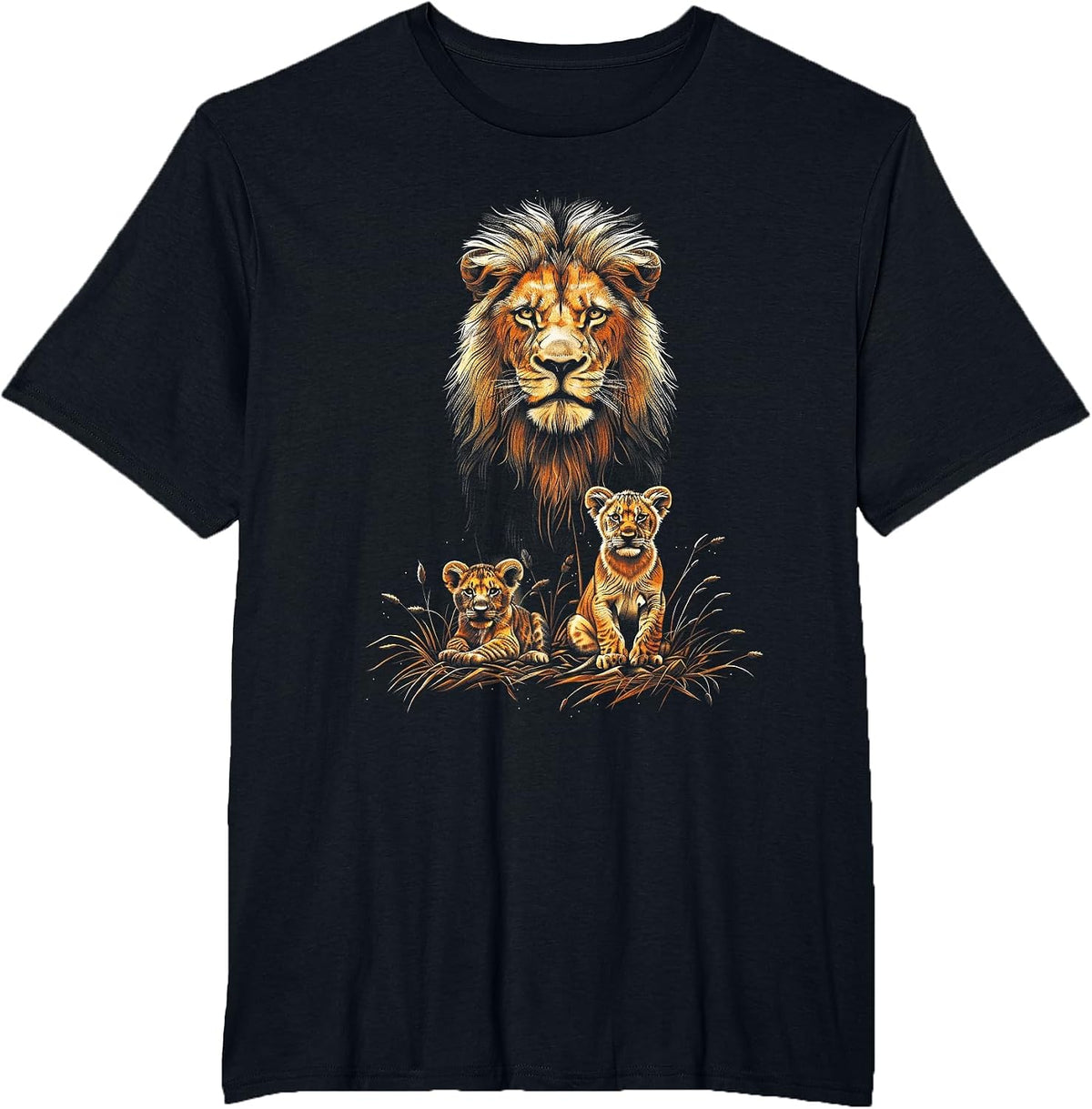 Lion Father Cubs Majestically Wildlife Jungle T-Shirt - Black