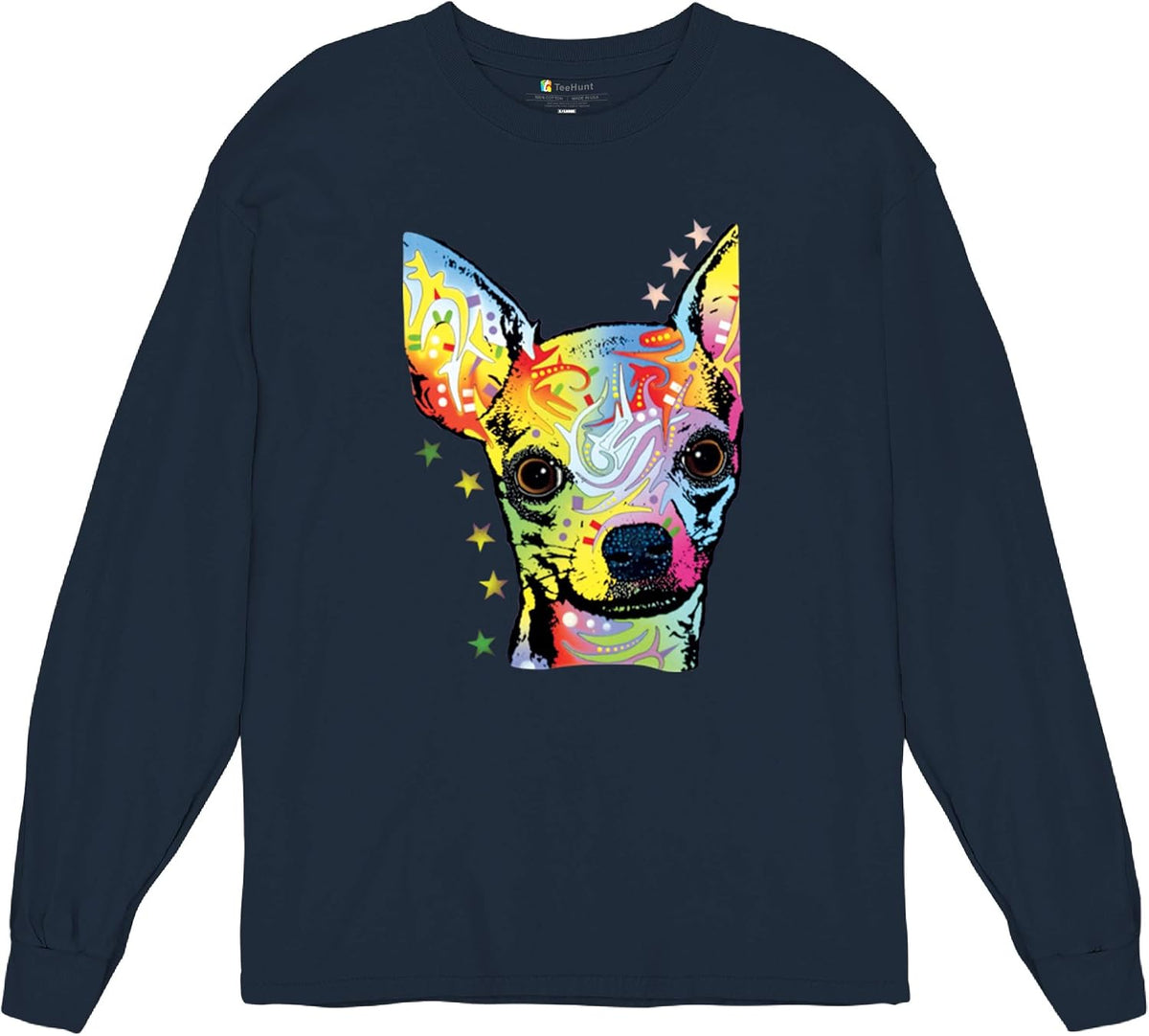 Tee Hunt Dean Russo Cute Chihuahua Long Sleeve T-Shirt Neon Colorful Small Dog - Navy Blue