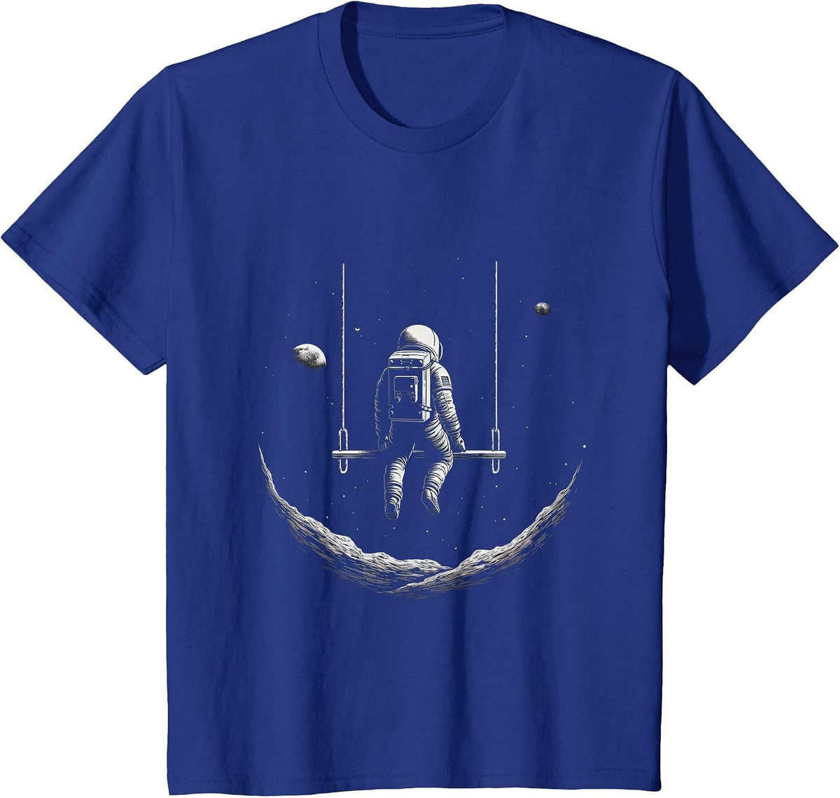Astronaut Sitting on a Swing in Space Stars Moon T-Shirt - Royal Blue