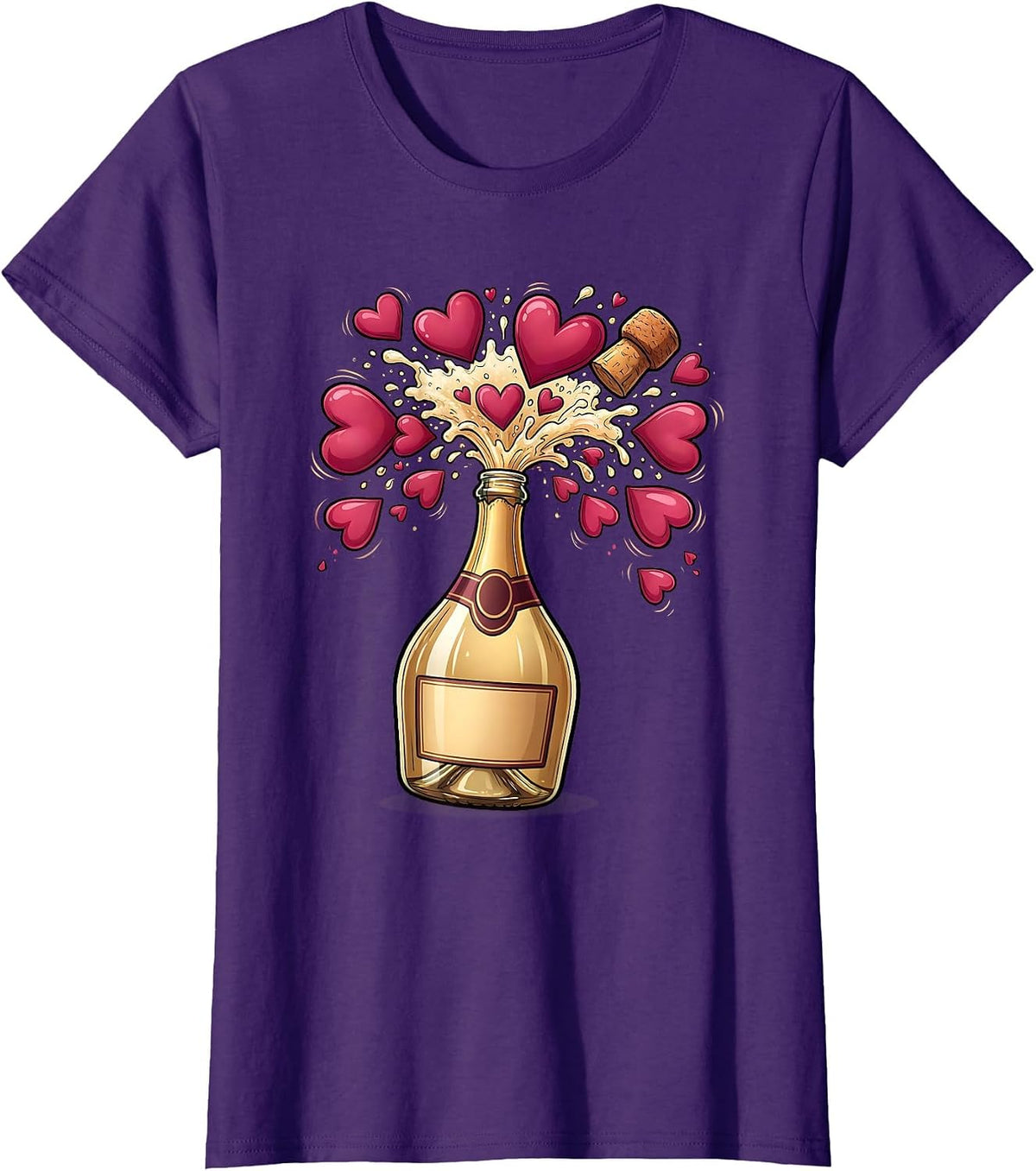 Women's Champagne Popping Hearts Celebration Graphic T-Shirt - Purple