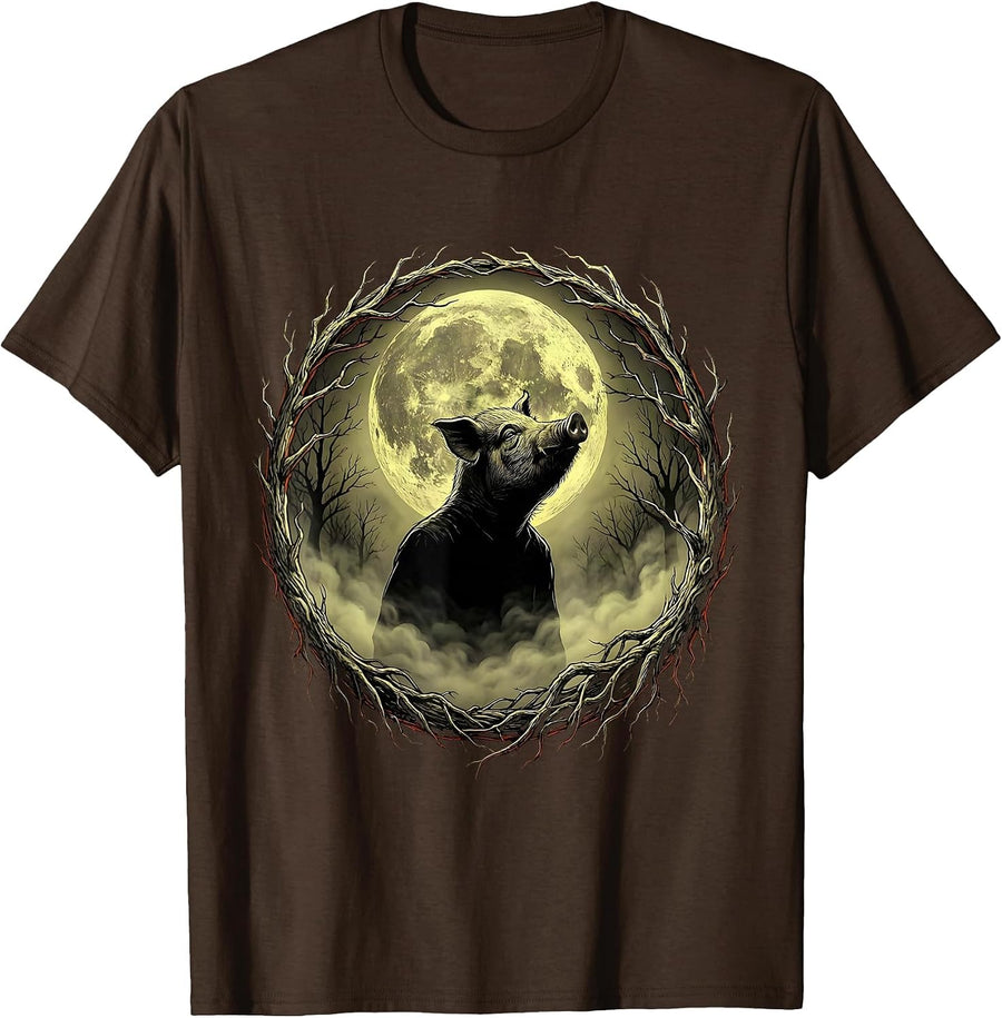 John Pork Moongazing Pig Figure Graphic T-Shirt - Brown