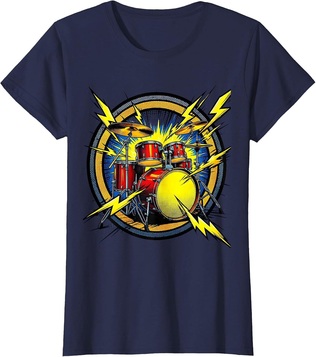 Women's 90s Band Drum Kit Lightning Bolt Illustration T-Shirt - Navy Blue