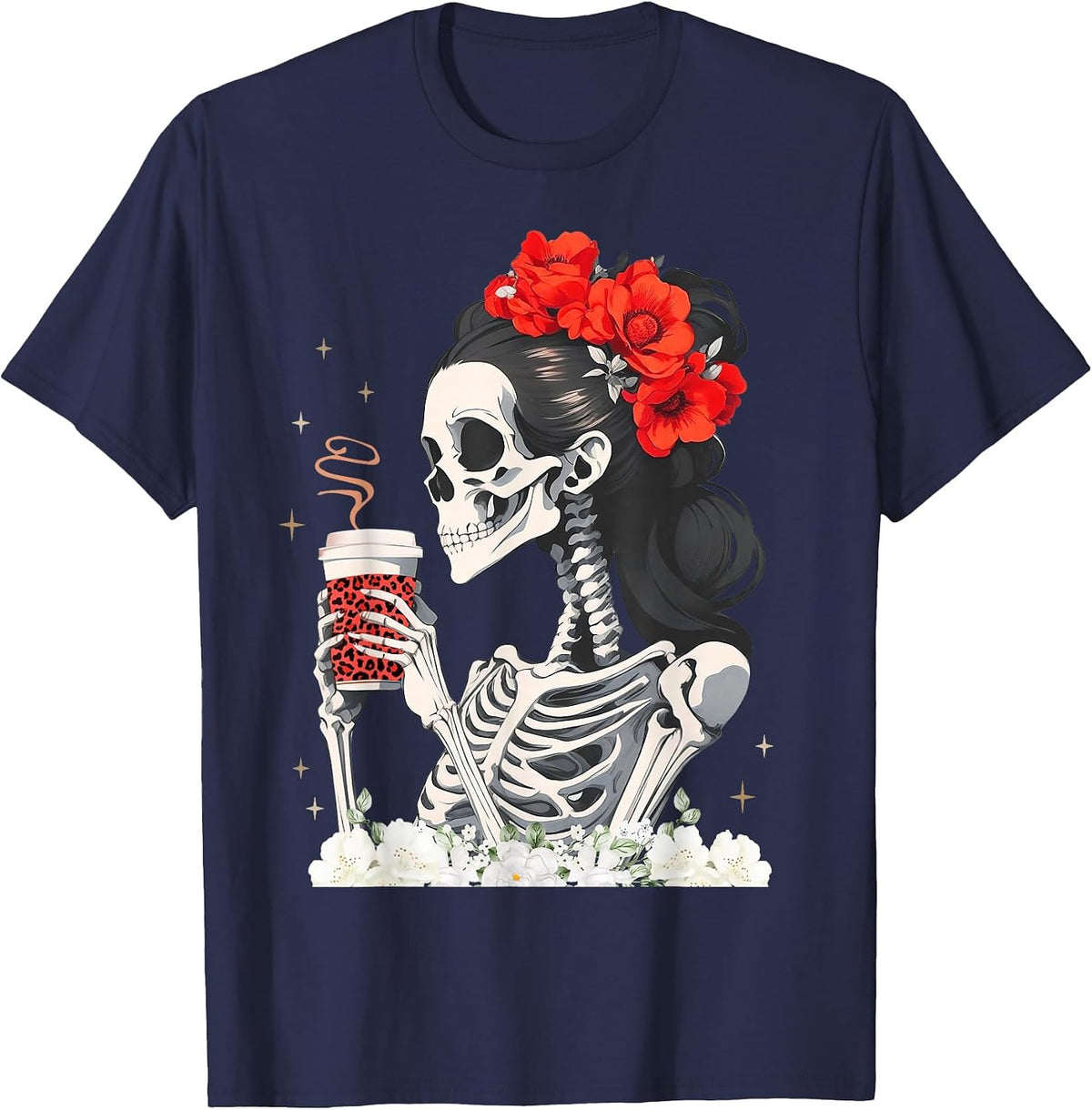 Skeleton Messy Bun Coffee Funny Costume Mom Women T-Shirt - Navy Blue