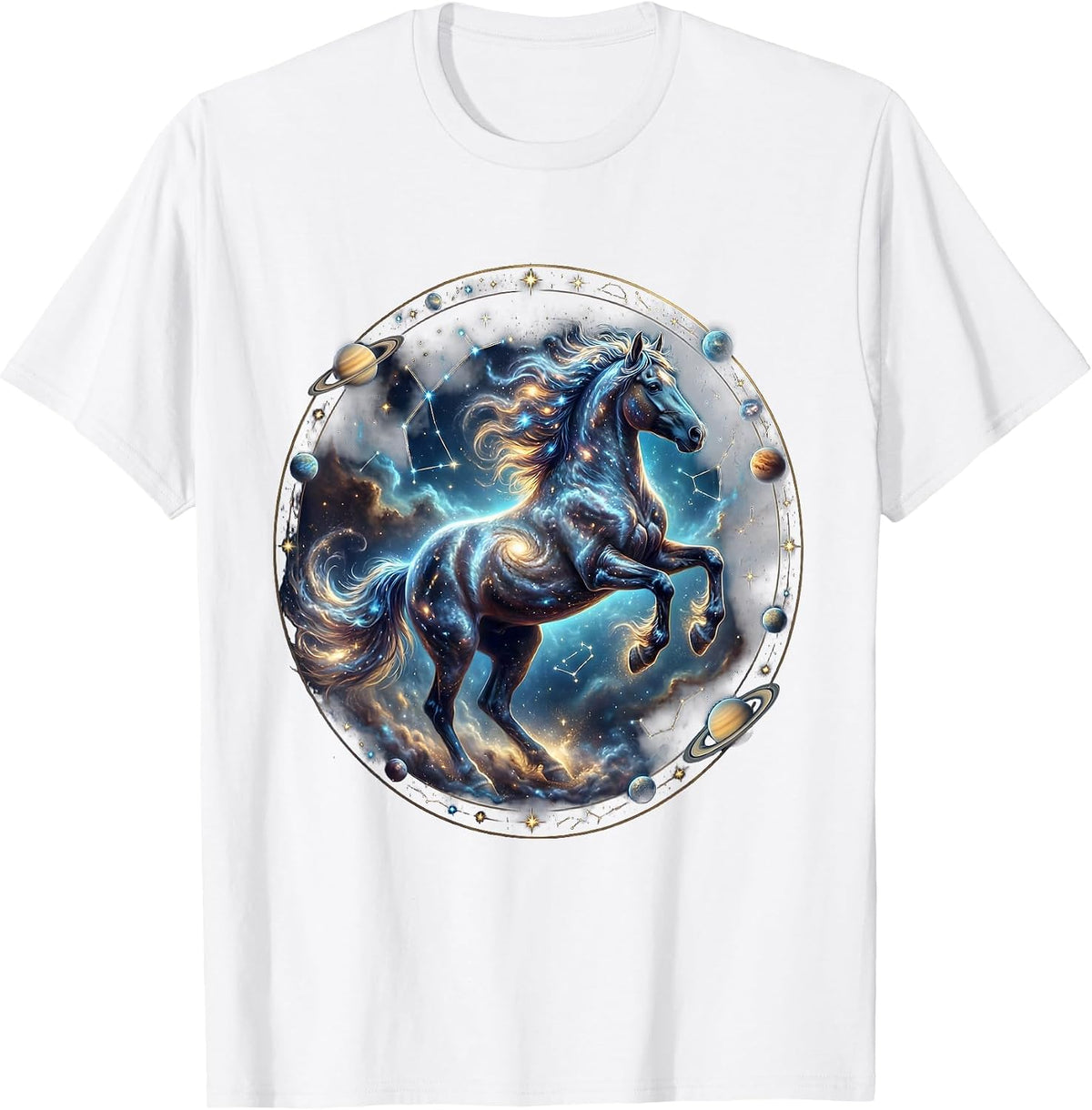 Men's Wild Horse Galloping Through Tall Grass Illustration T-Shirt - White