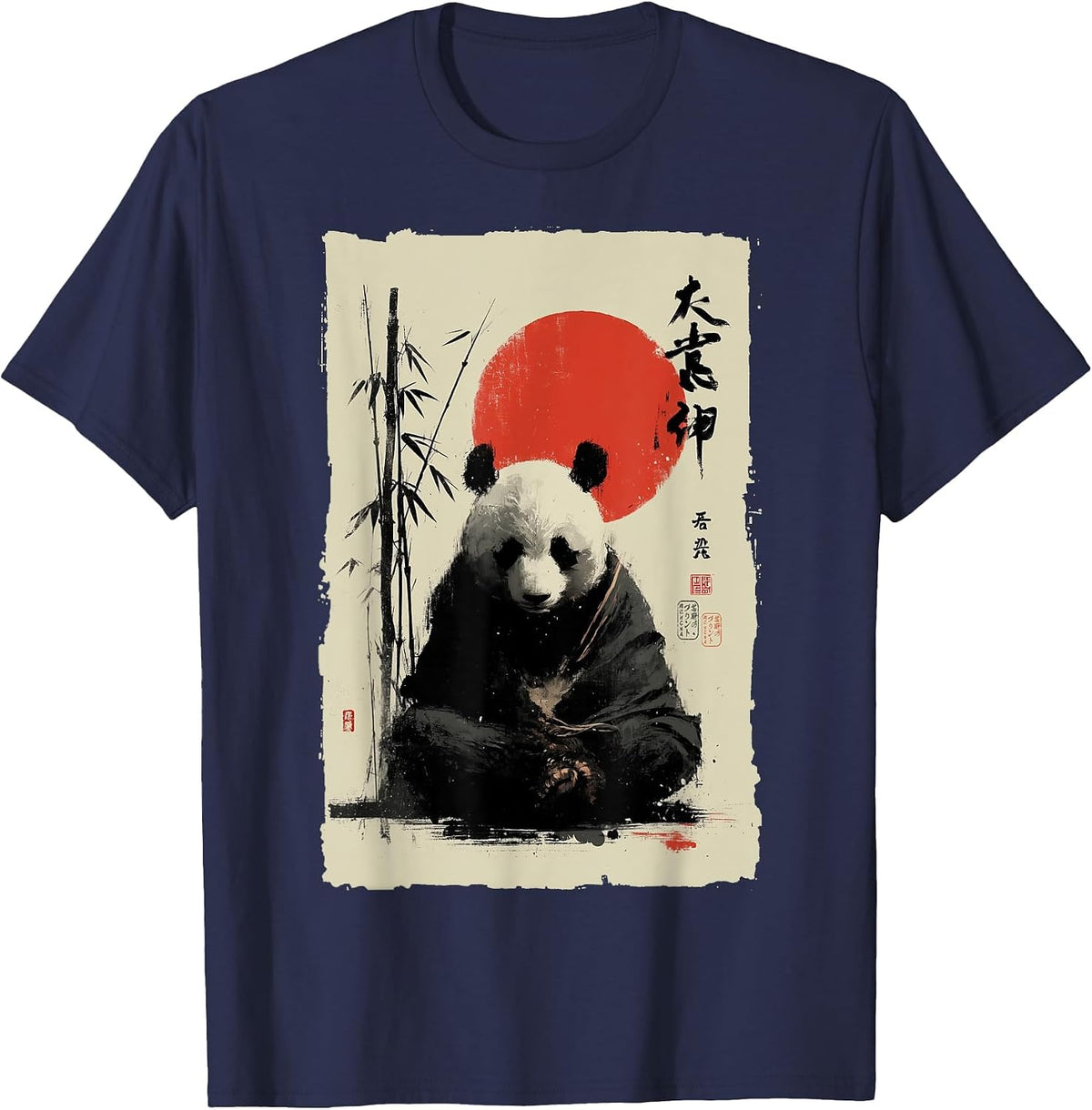 Zen Panda Bear Japanese Sumi-e Ink Painting Meditation T-Shirt - Navy Blue