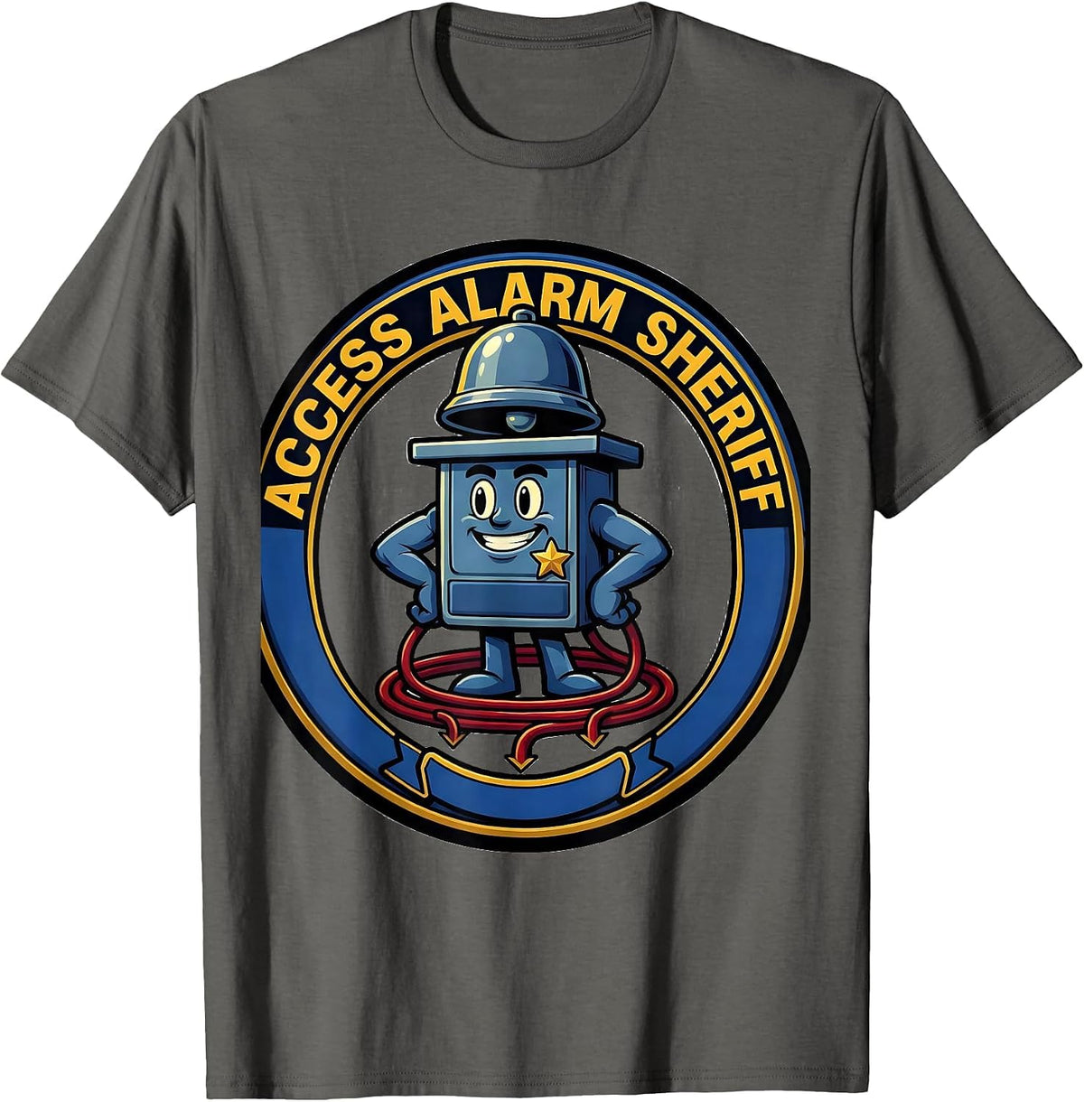 Men's Access Alarm Sheriff Cartoon Dialysis Nurse Nephrology Crew T-Shirt - Asphalt Grey