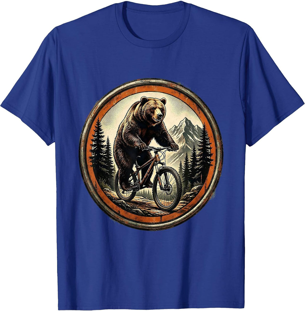 Bear on Mountain Bike Forest Trail Graphic T-Shirt - Royal Blue