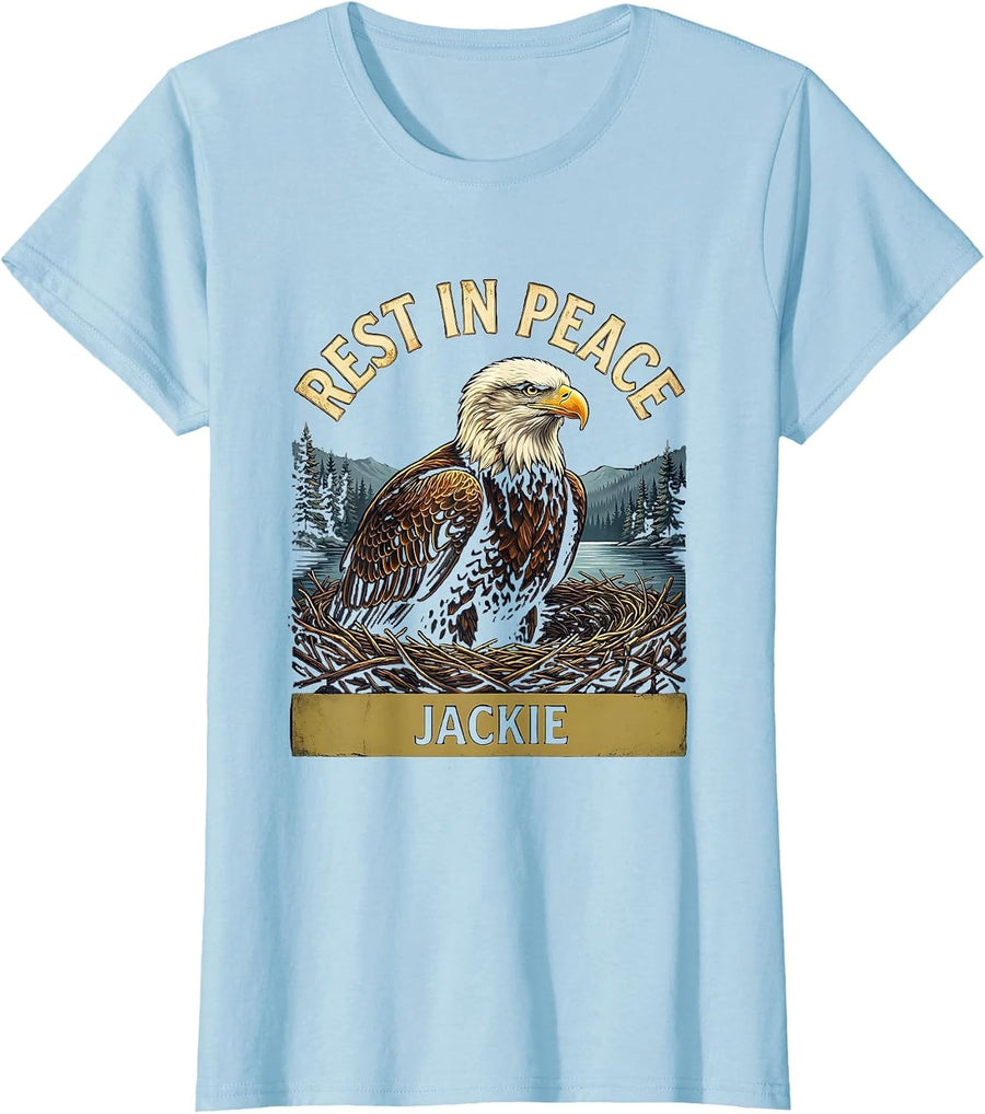 Women's Rest in Peace Jackie Vintage Bald Eagle Memorial Tribute T-Shirt - Baby Blue