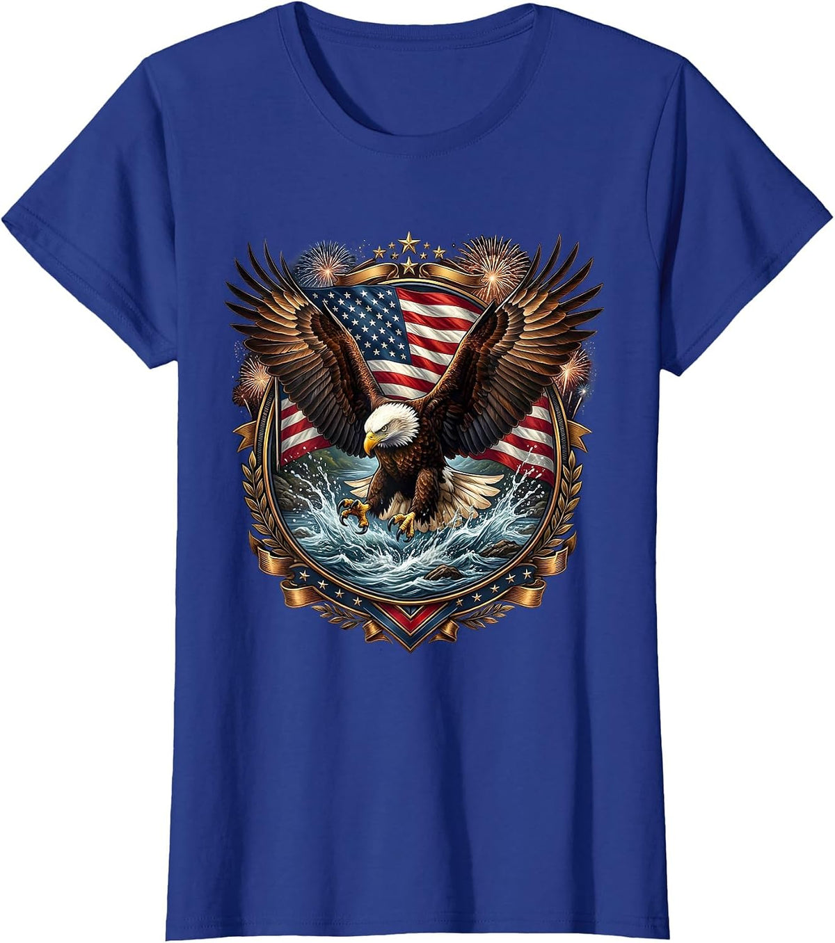 Women's Bald Eagle Wings Spread River Patriotic Design T-Shirt - Royal Blue