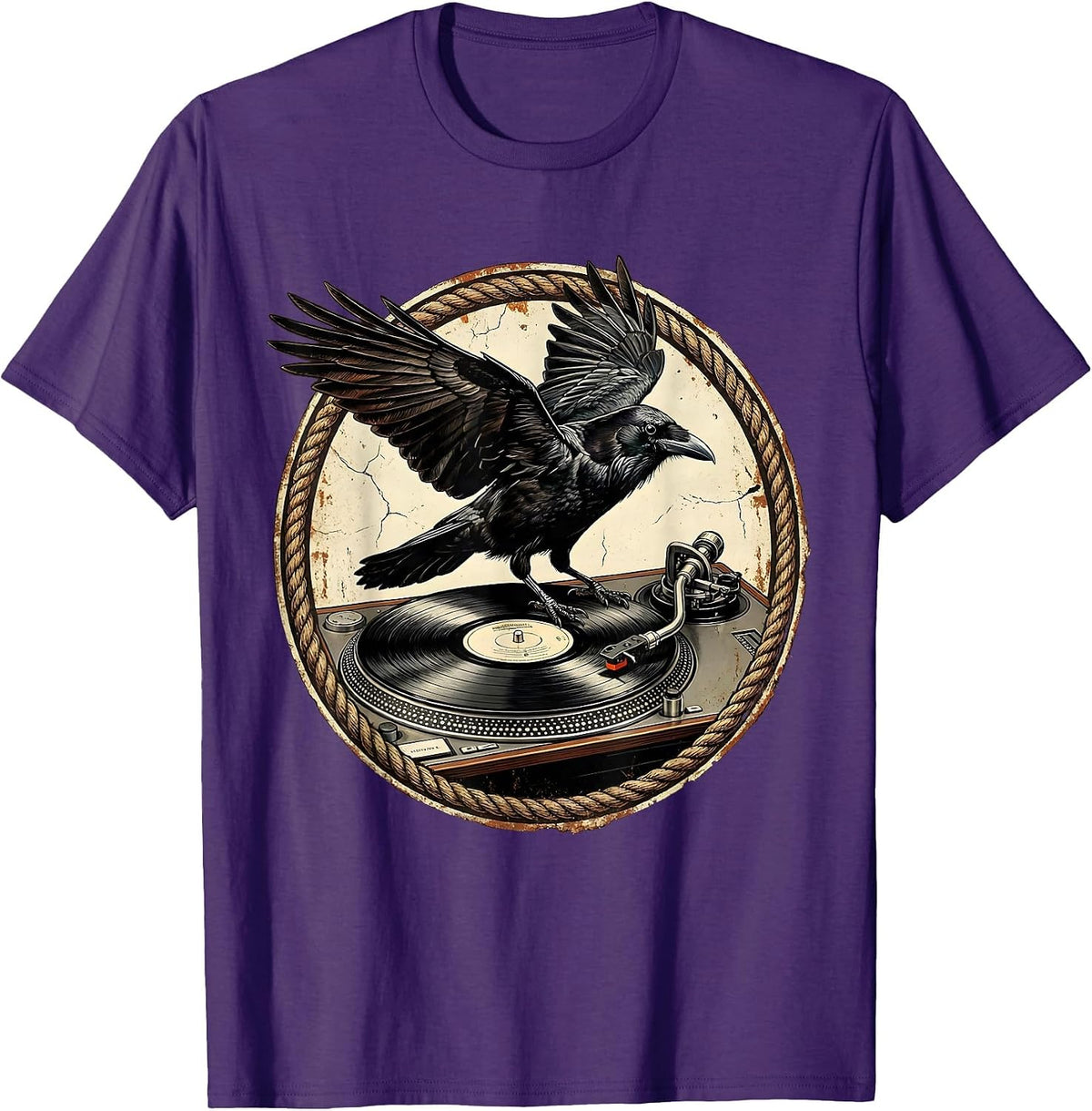 Men's Raven on Vintage Turntable Rock Music Graphic T-Shirt - Purple