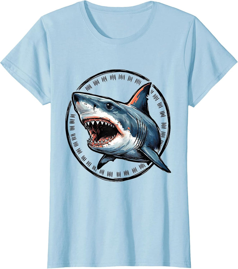 Women's Shark Jaw Badge Ocean Animal Humor Gift T-Shirt - Baby Blue