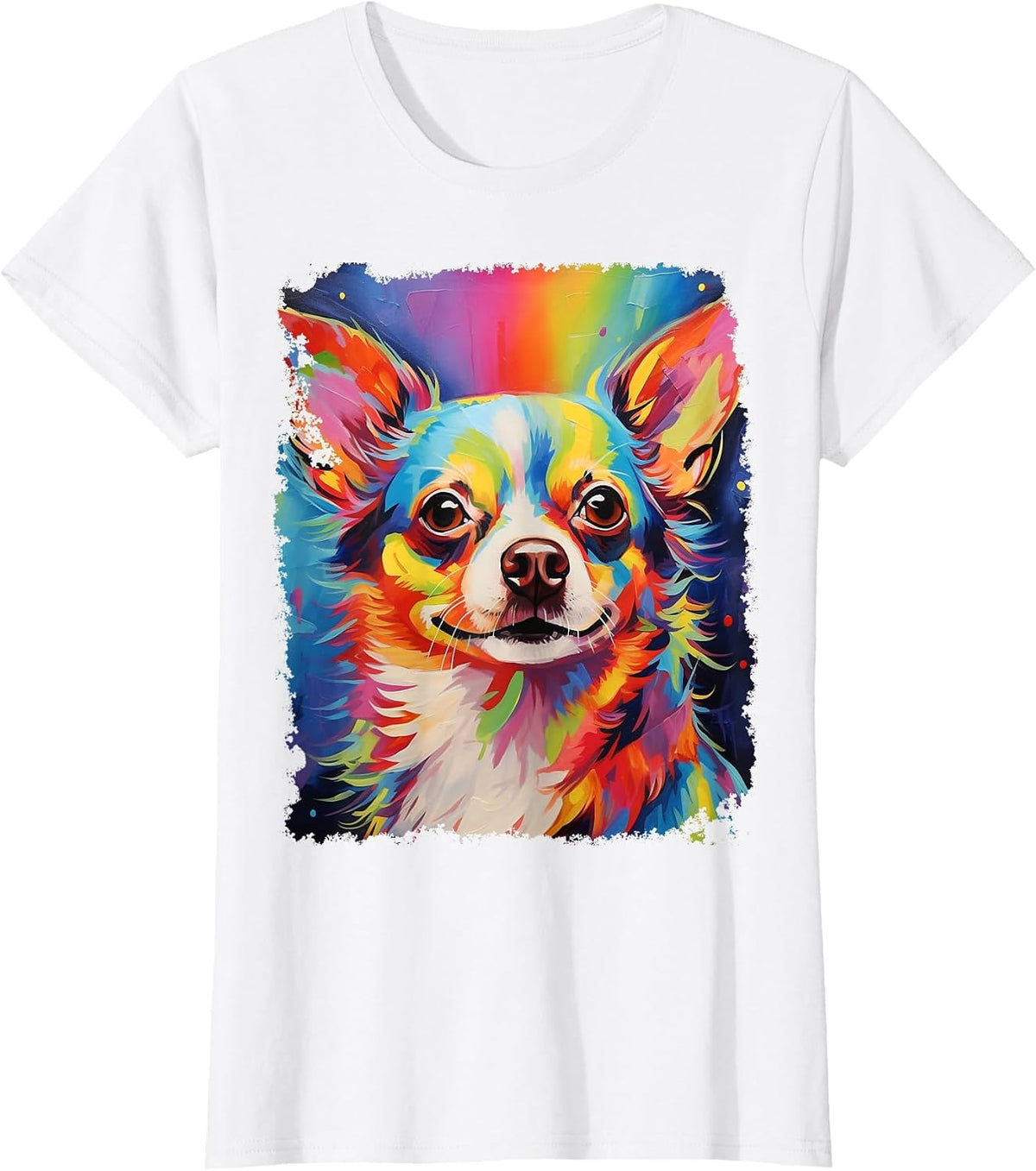 Pop Art Dog Chihuahua Long Hair Rainbow T-Shirt - White