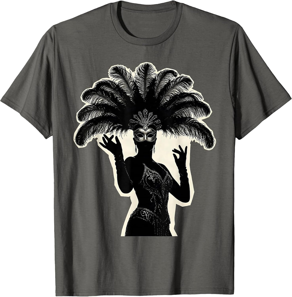 Masked Showgirl Venetian Feather Mask Illustration T-Shirt - Asphalt Grey