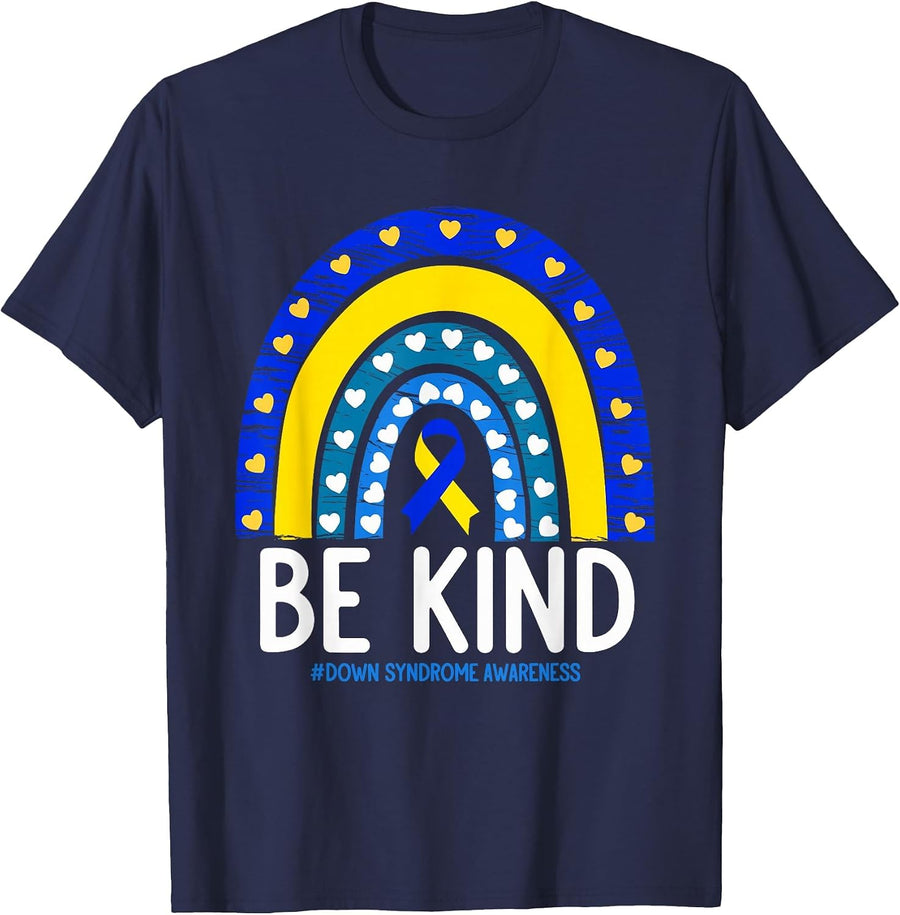 Be Kind Down Syndrome Awareness Rainbow T-Shirt - Navy Blue