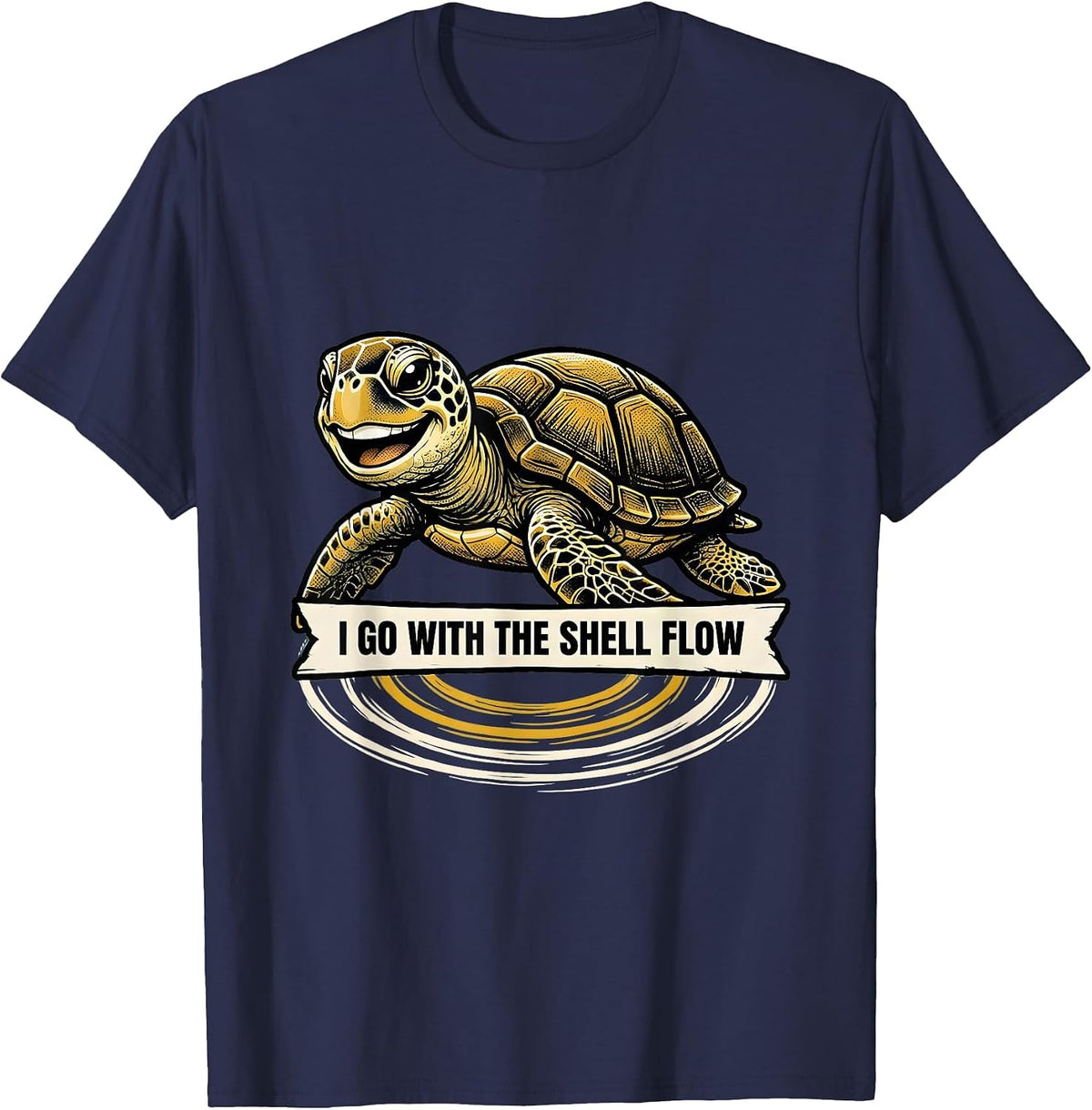 I Go With The Shell Flow Retro Cartoon Sea Turtle Ocean T-Shirt - Navy Blue
