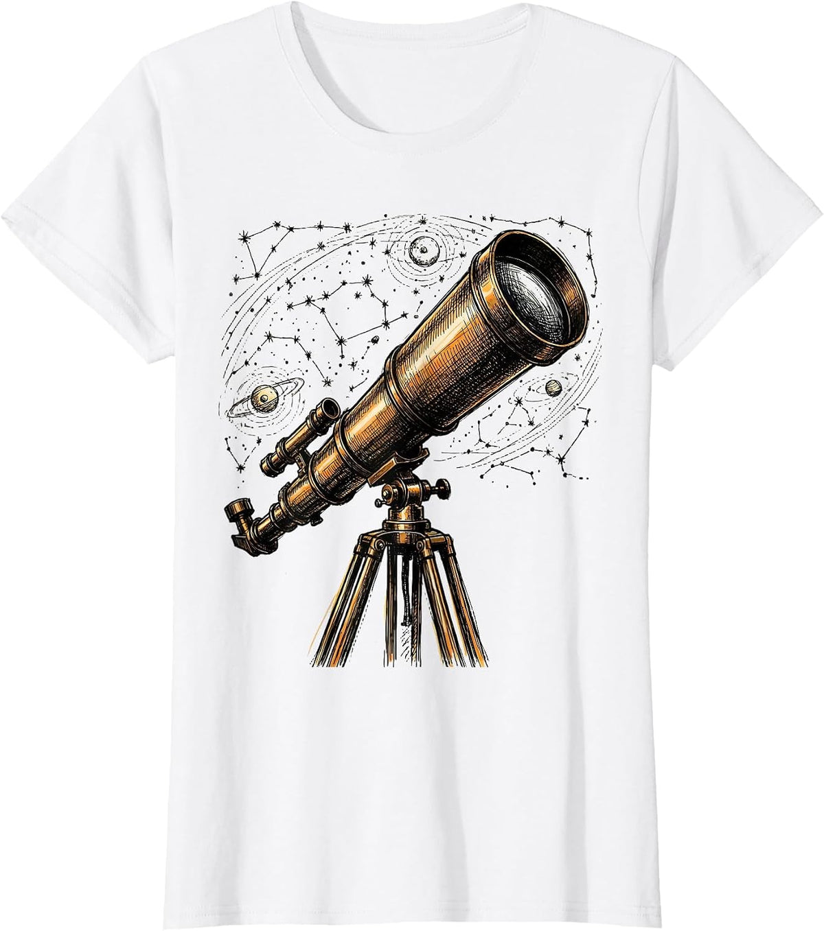 Telescope and Constellation Map Astronomy Art T-Shirt - White