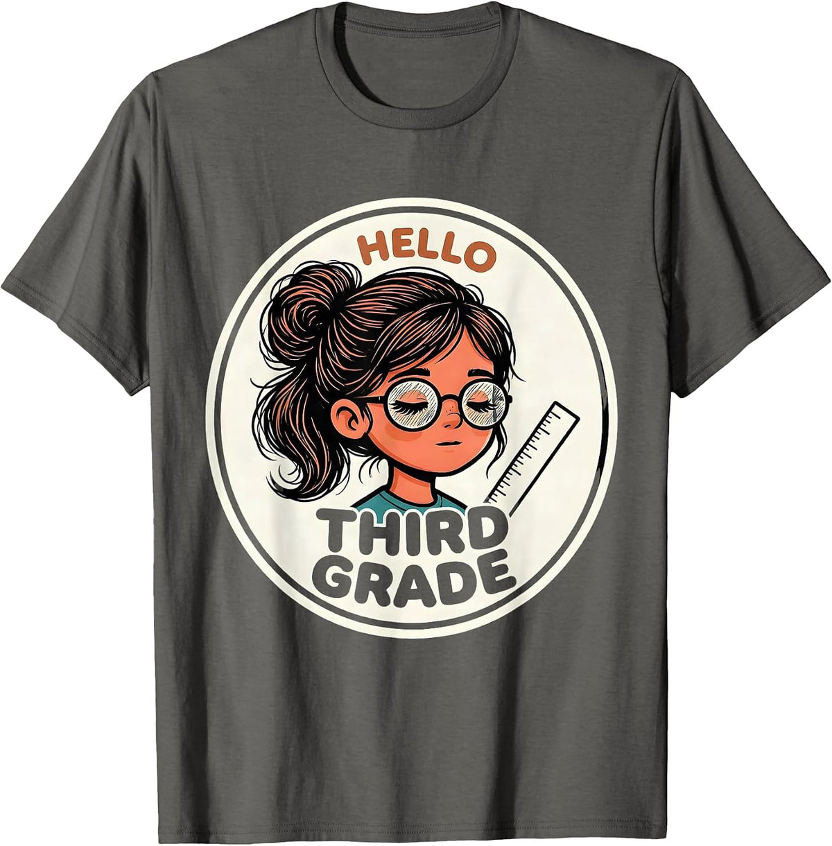 Hello Third Grade Back To School Messy Bun Cartoon Girl T-Shirt - Asphalt Grey