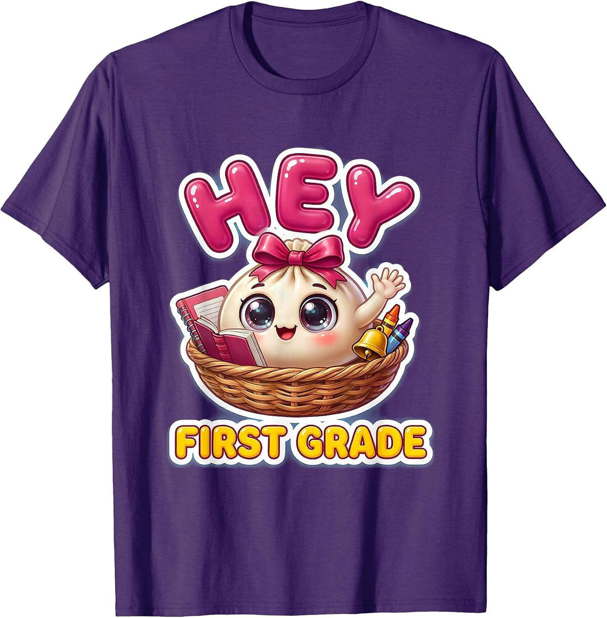 Men's Hey First Grade Cute Dumpling Back to School Girl Teacher T-Shirt - Purple
