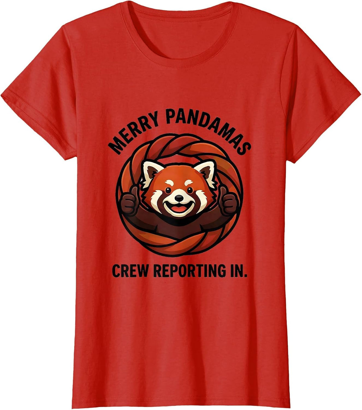 Women's Merry Pandamas Crew Reporting In Cute Red Panda Mascot Logo T-Shirt - Red