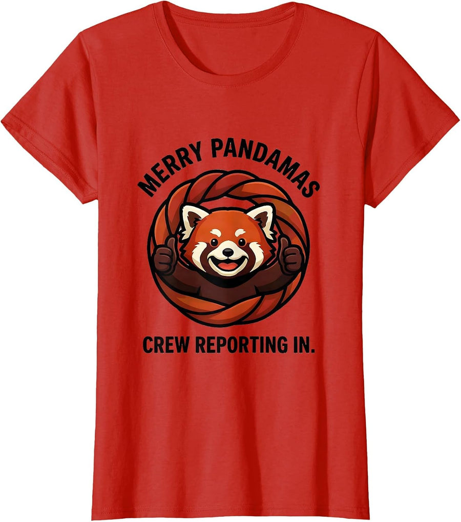 Women's Merry Pandamas Crew Reporting In Cute Red Panda Mascot Logo T-Shirt - Red