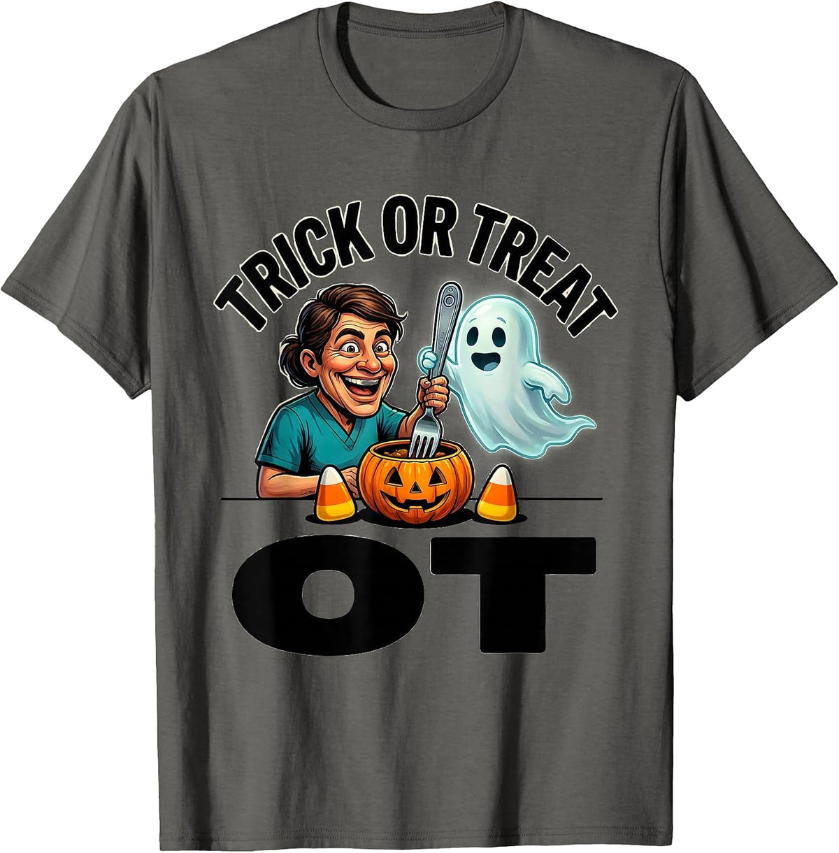 Trick Or Treat OT Cartoon Occupational Therapist Halloween T-Shirt - Asphalt Grey