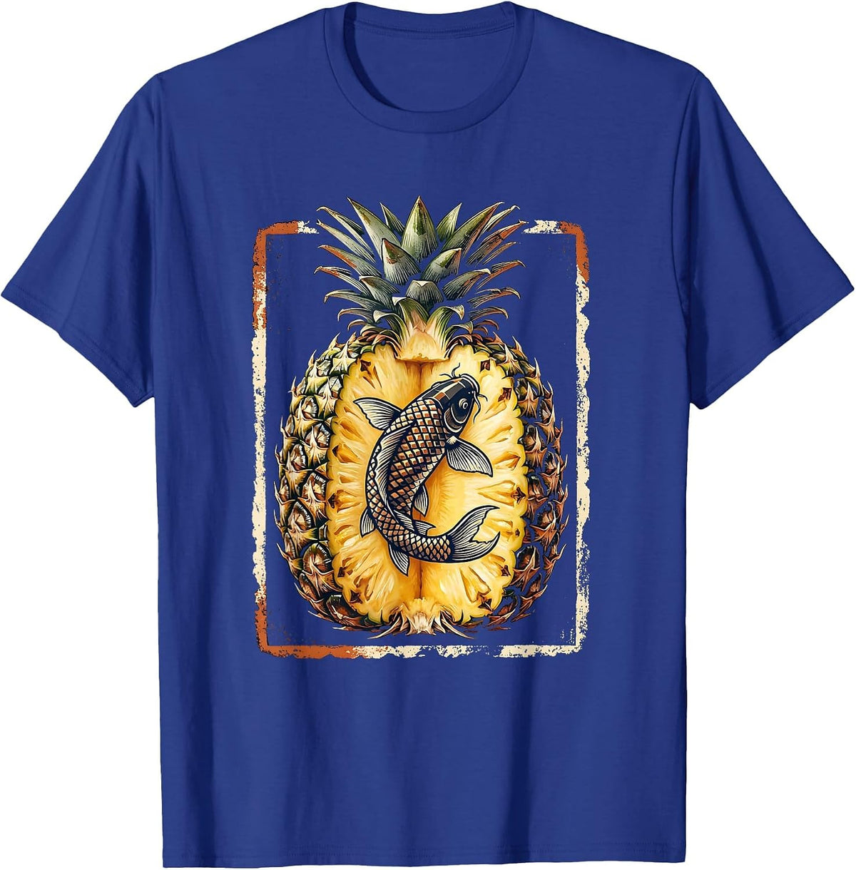 Men's Pineapple Koi Fish Split Fruit Graphic Design T-Shirt - Royal Blue
