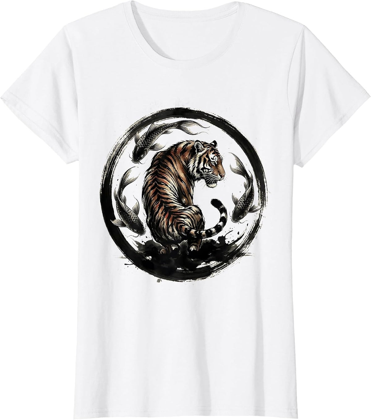 Tiger and Koi Fish Swirl Graphic Design T-Shirt - White