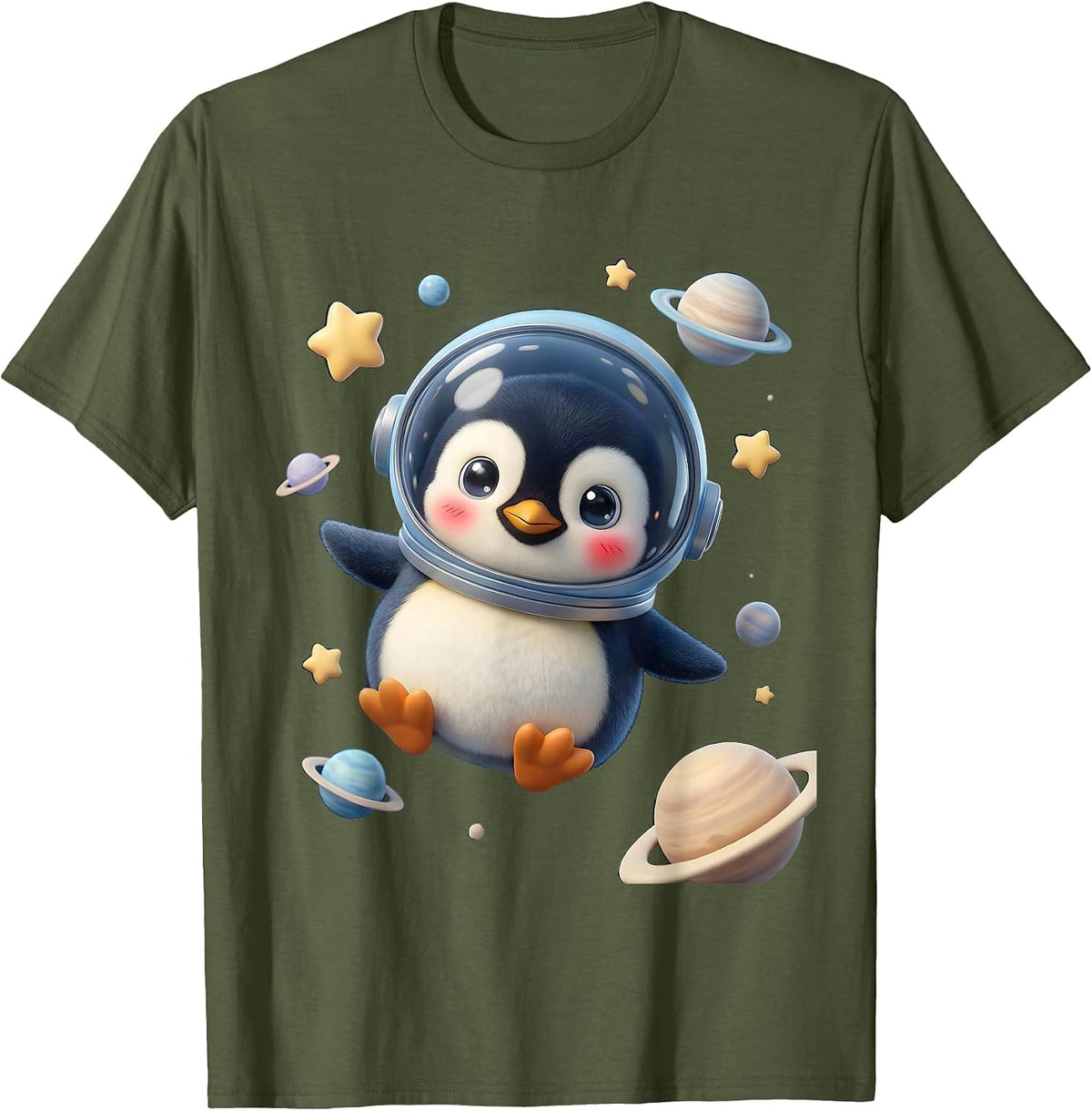 Men's Penguin Astronaut Floating in Outer Space T-Shirt - Olive Green