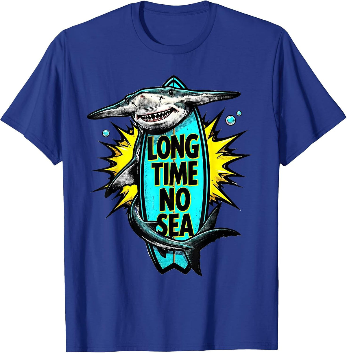 Men's Long Time No Sea Pop Art Shark Lover Humor Ocean Wildlife T-Shirt - Royal Blue