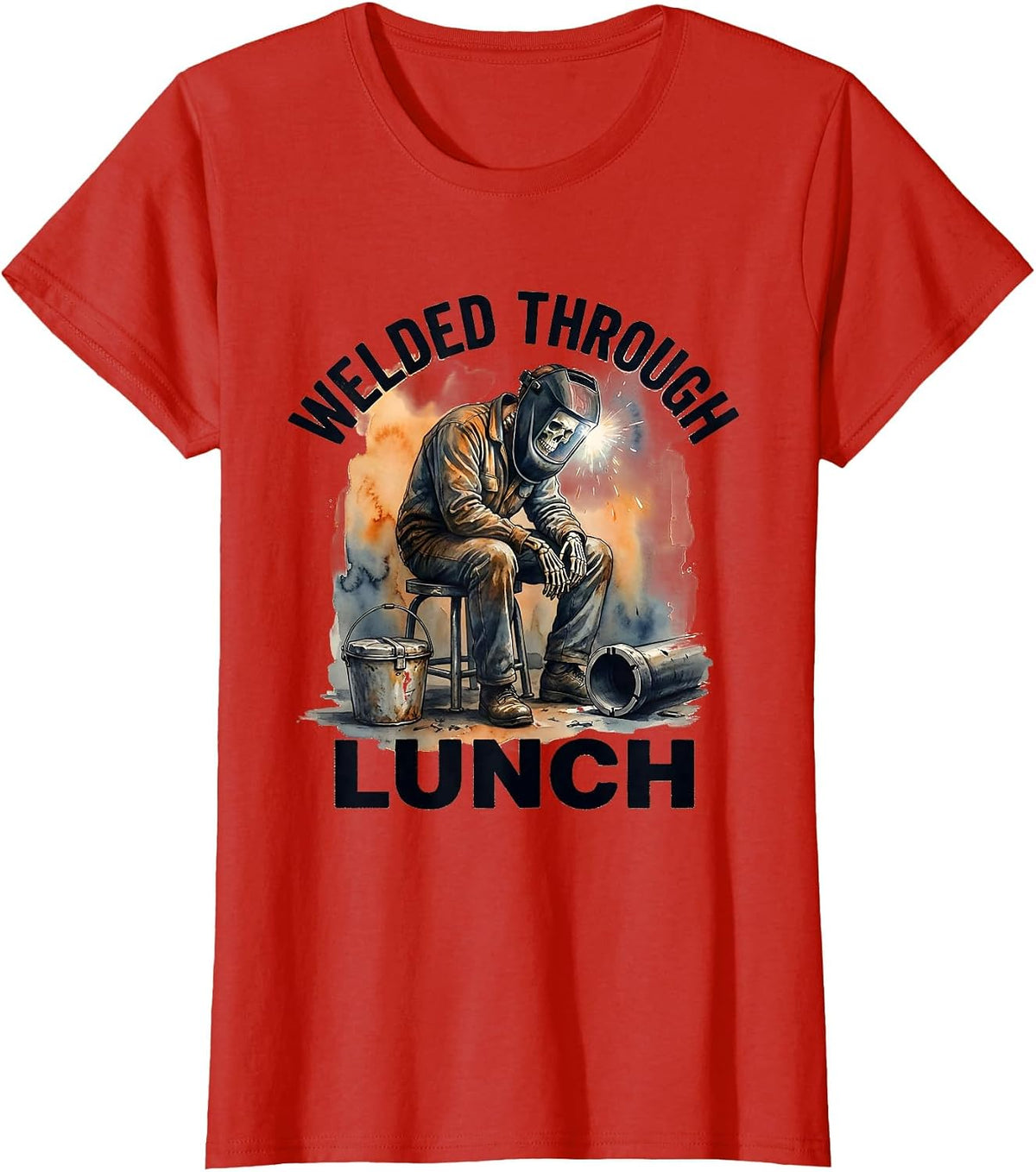 Welded Through Lunch Funny Welder Skeleton Tradesman Humor T-Shirt - Red