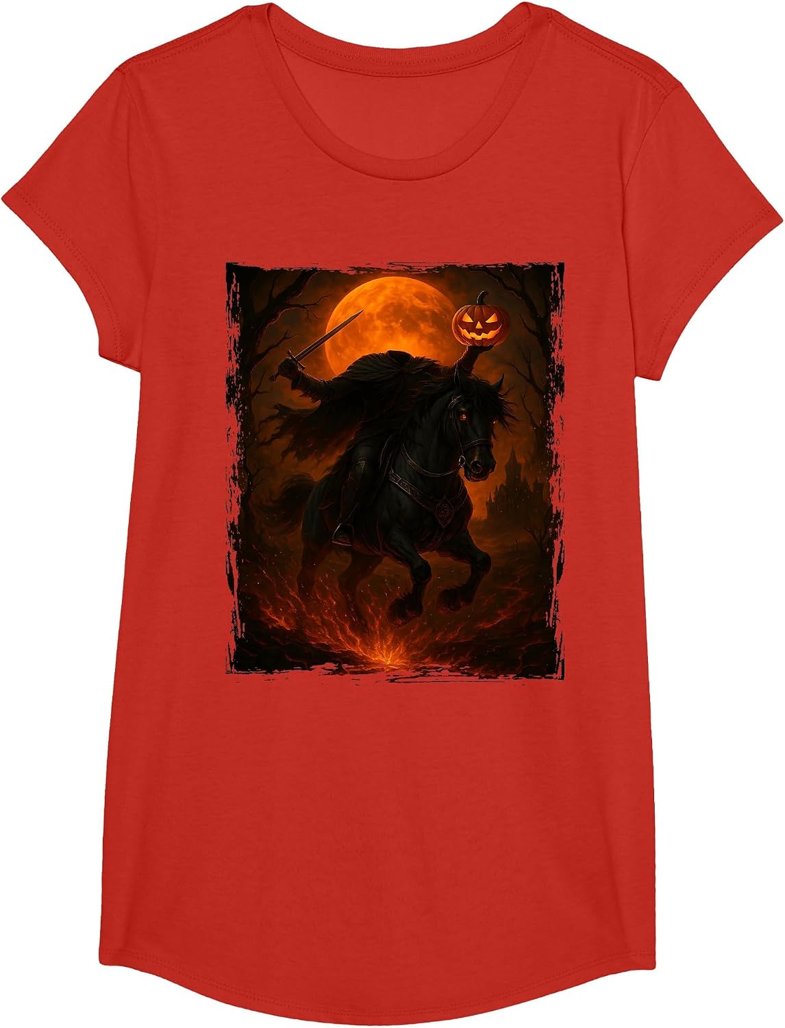 Headless Horseman Scary Pumpkin Halloween Mens Boys T-Shirt - Girls Red