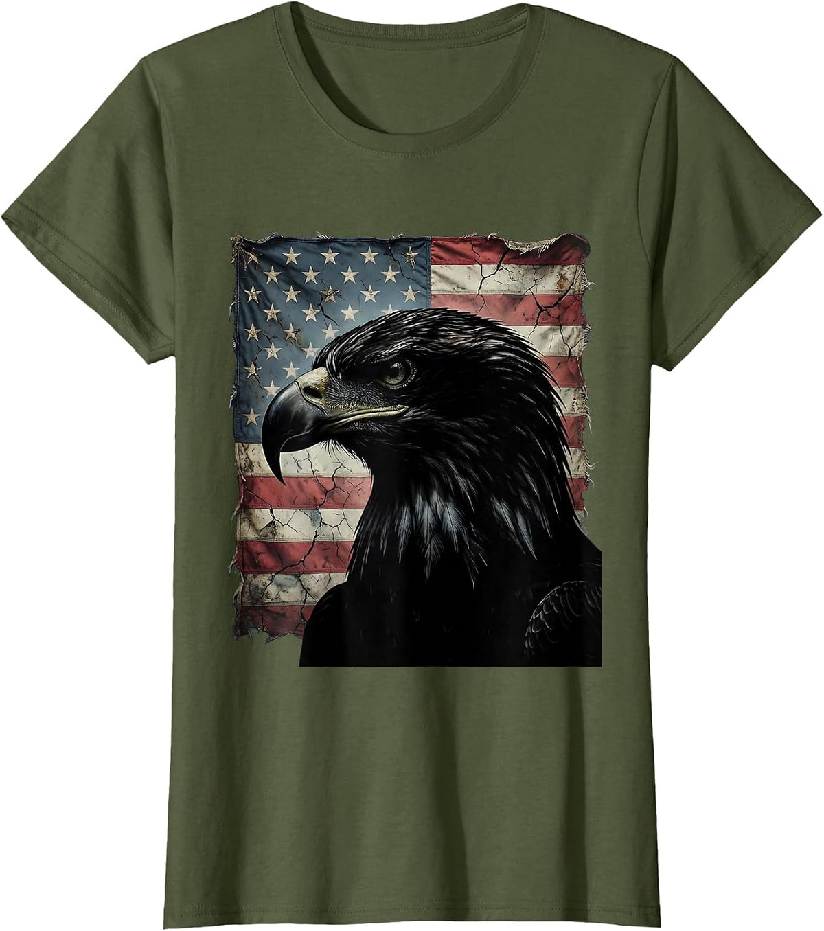 Women's Fierce Bald Eagle Head Patriotic Graphic T-Shirt - Olive Green
