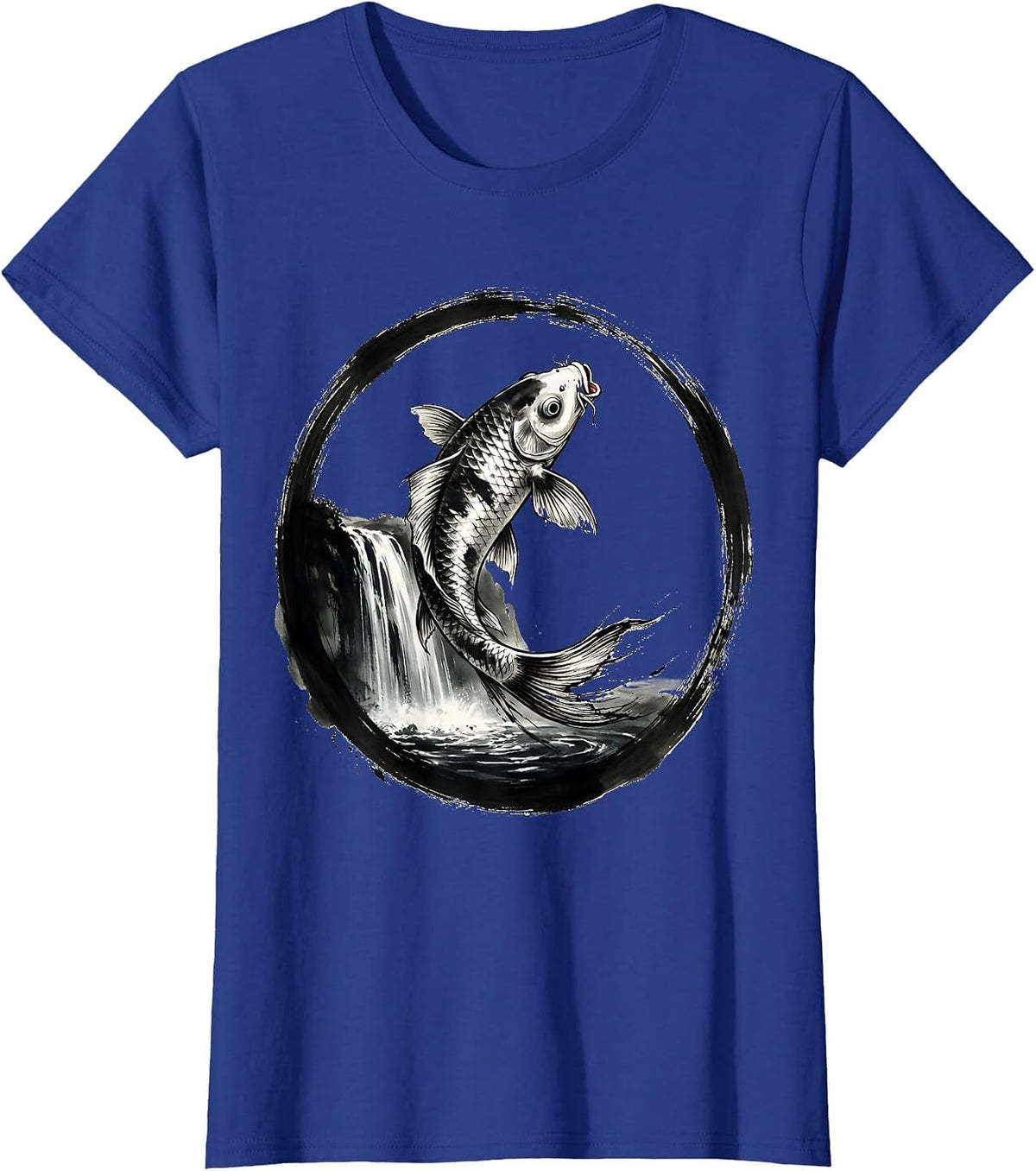 Women's White Koi Fish Leaping Waterfall Freedom Design T-Shirt - Royal Blue