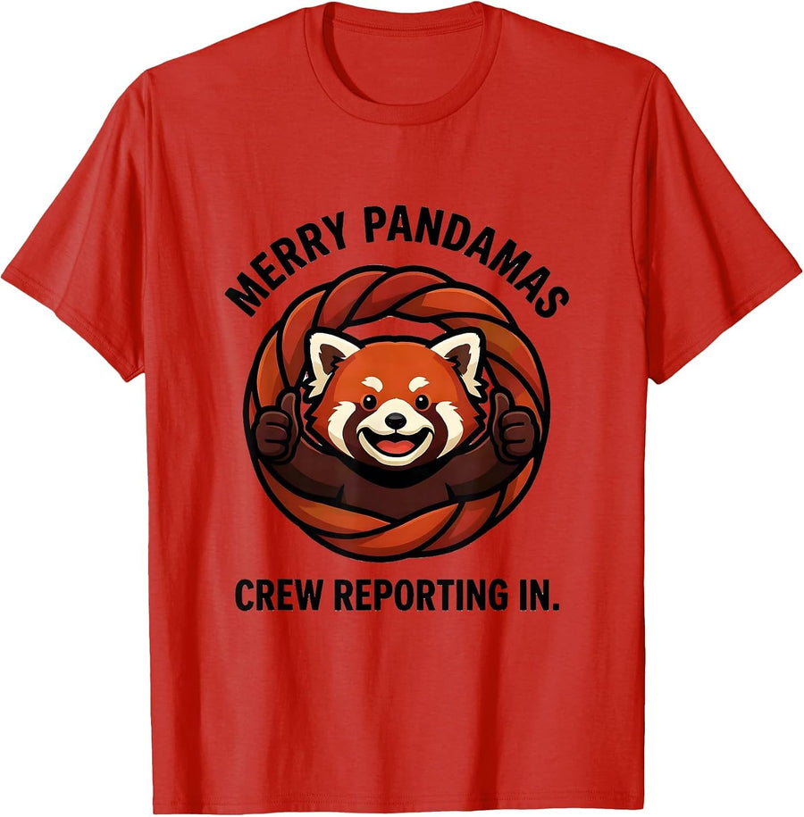 Men's Merry Pandamas Crew Reporting In Cute Red Panda Mascot Logo T-Shirt - Red